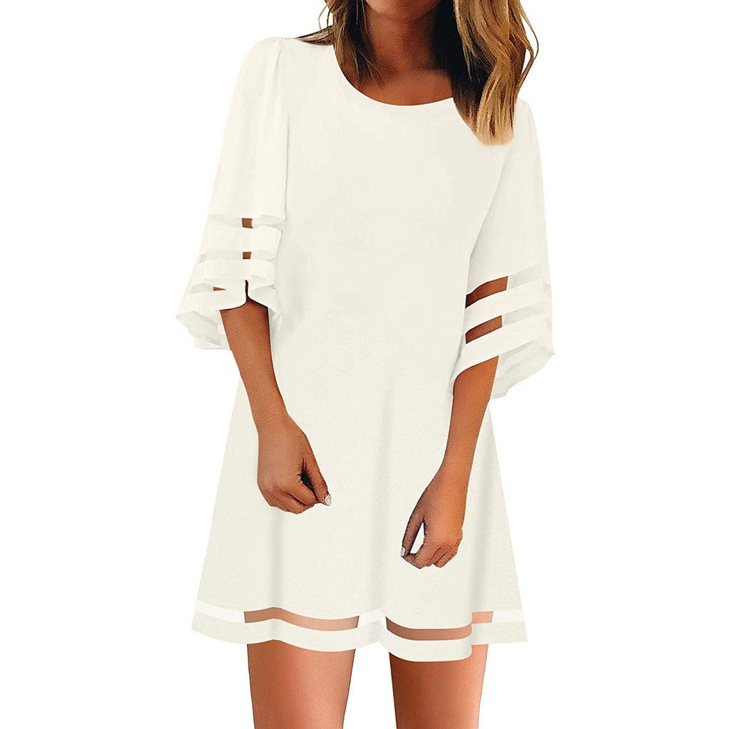 Women's Mesh Top Neck O Bell Blouse with Loose 3/4 Puff Sleeves - Flowy Panel Dress Shirt for Casual Wear, Office Outfits & Summer Fashion