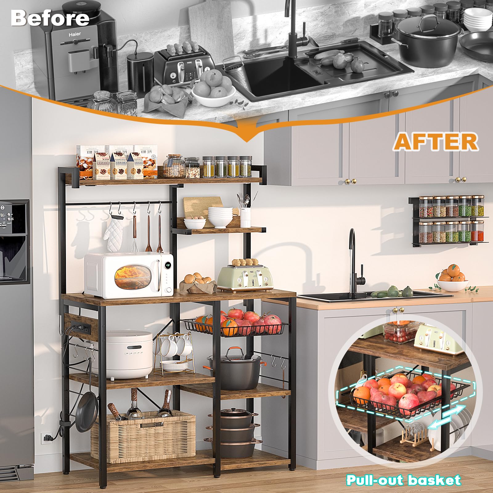 Aheaplus Rustic Brown Bakers Rack with Power Outlet & LED Lights - Microwave Stand, Kitchen Storage Shelf with Wire Baskets, Coffee Bar Station & 10 Hooks for Spices & Pots - Perfect for Small Kitchens, Apartments & Coffee Stations