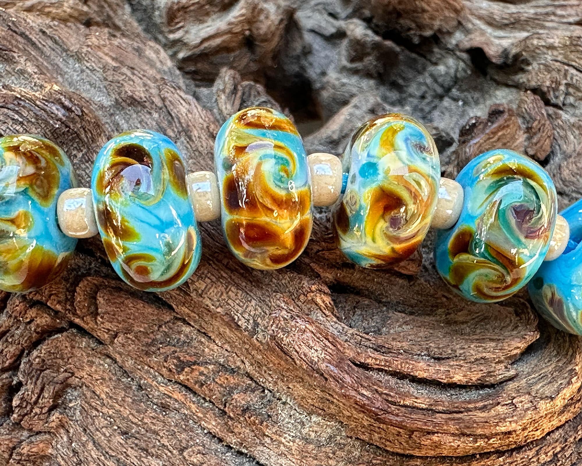 14pcs Turquoise Brown Swirls Glass Lampwork Beads for Jewelry Making - DIY Bracelet, Necklace, Earrings Craft Supplies - Boho Style Beading Projects