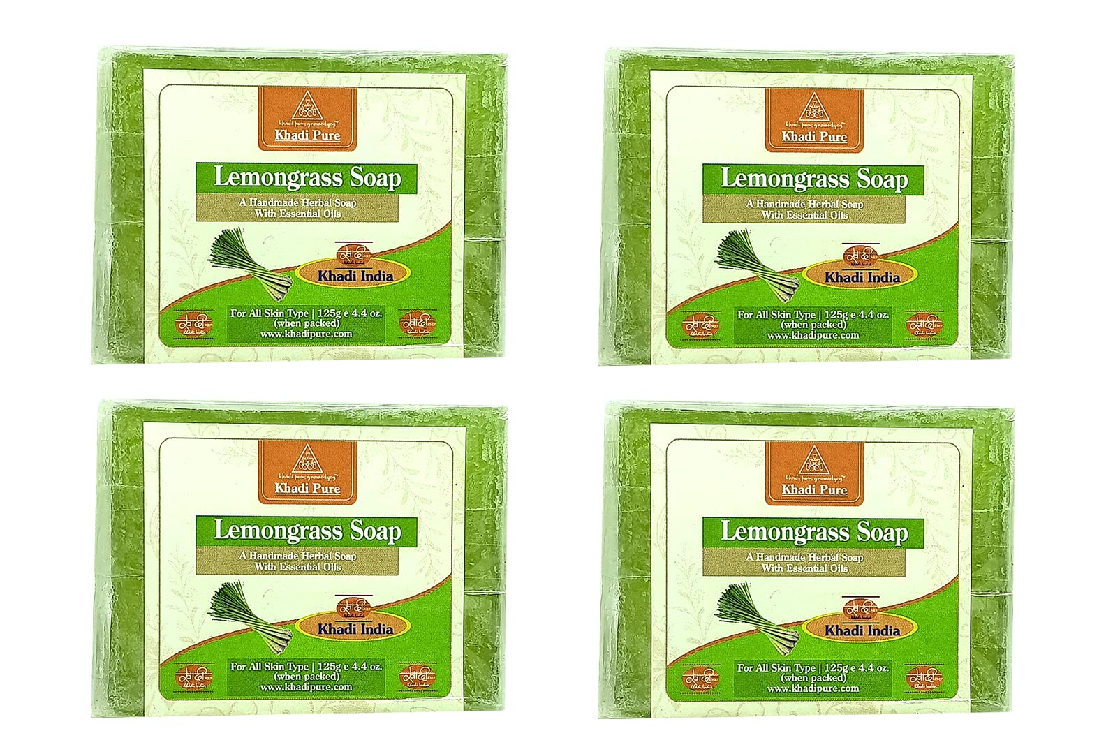 Khadi Pure Herbal Lemongrass Soap 125g (Pack of 4) | Natural Ayurvedic Cleansing Bar for Glowing Skin | Perfect for Sensitive Skin, Acne Treatment & Daily Face Wash Routine