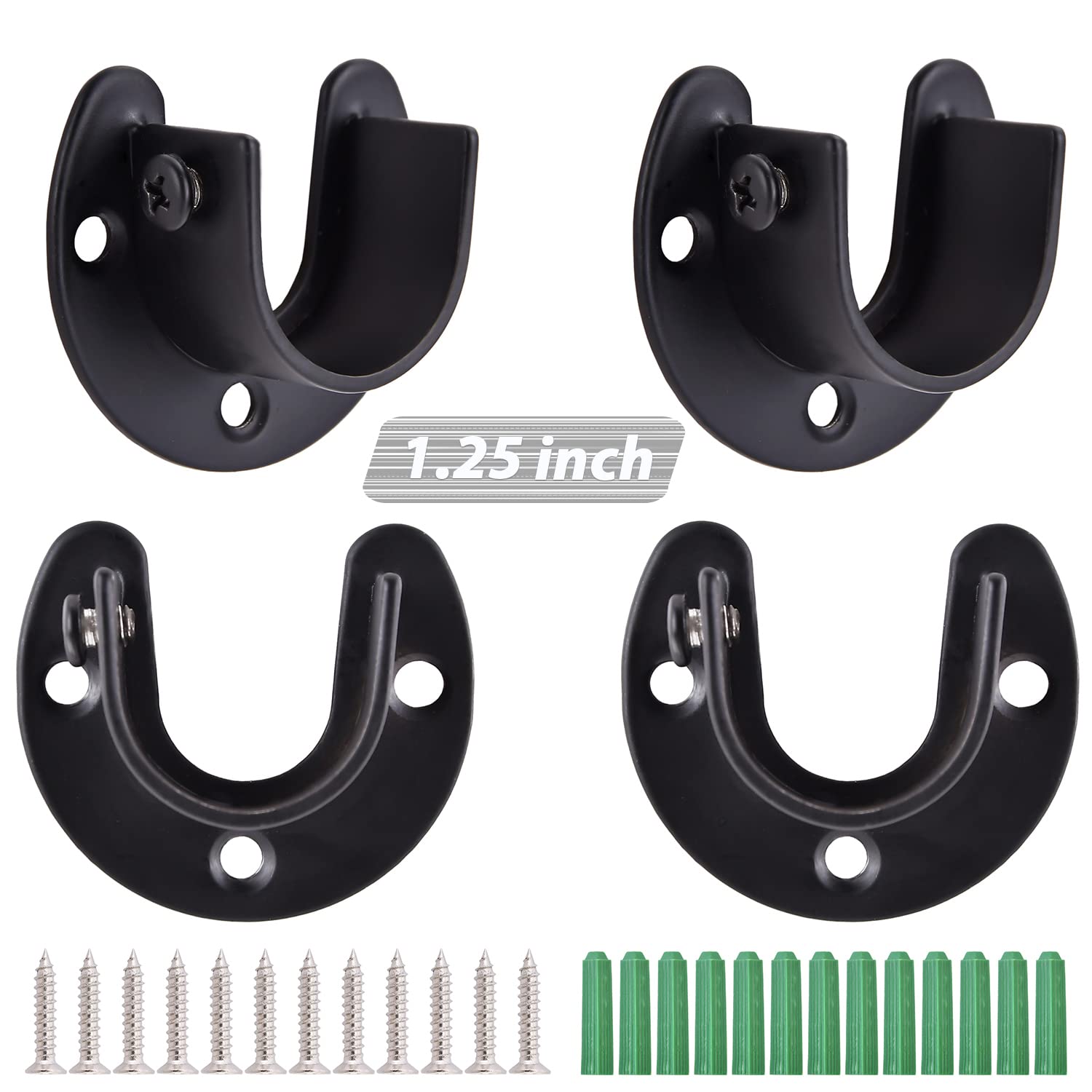 ASHOP 4-Pack Heavy Duty Closet Rod Brackets - Matte Black Stainless Steel U-Shaped Shower & Curtain Rod Holder for 1-1/4