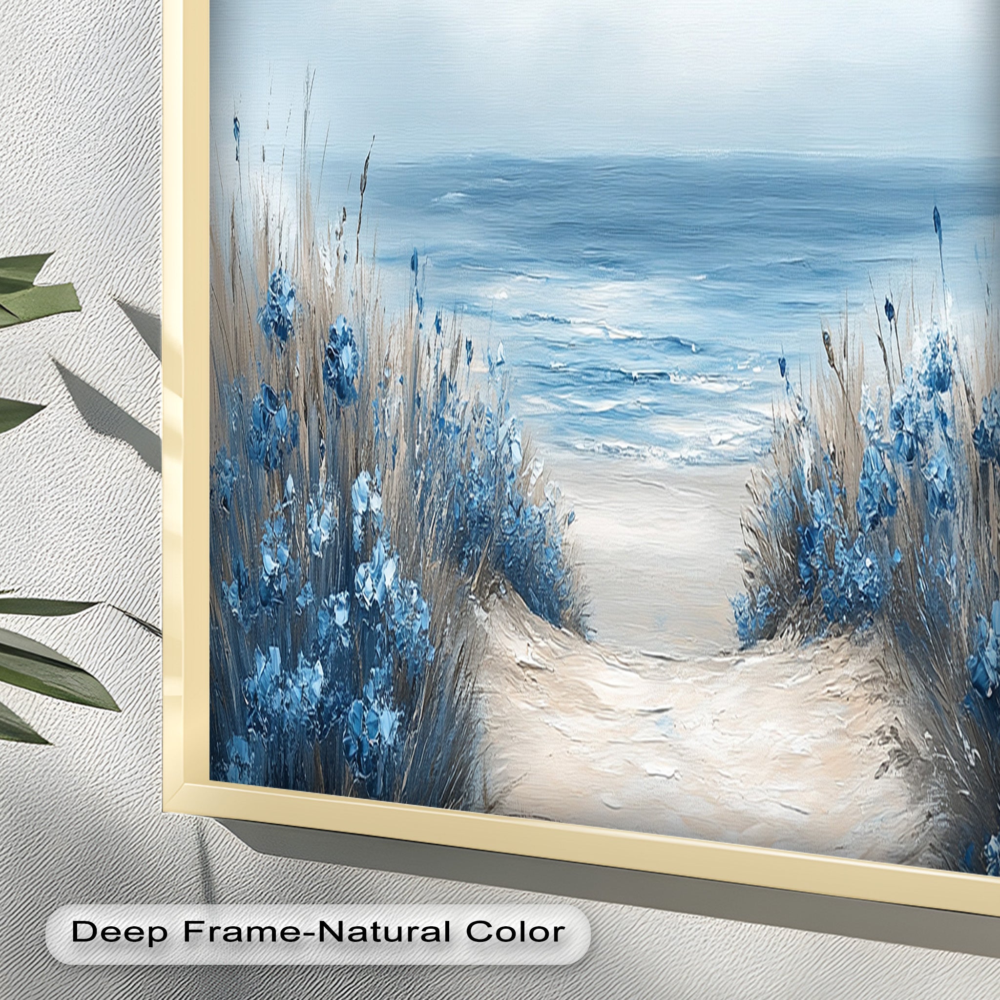 Blue Floral Beach Landscape Realism Oil Painting - Handmade Canvas Wall Art for Living Room, Bedroom & Office Decor