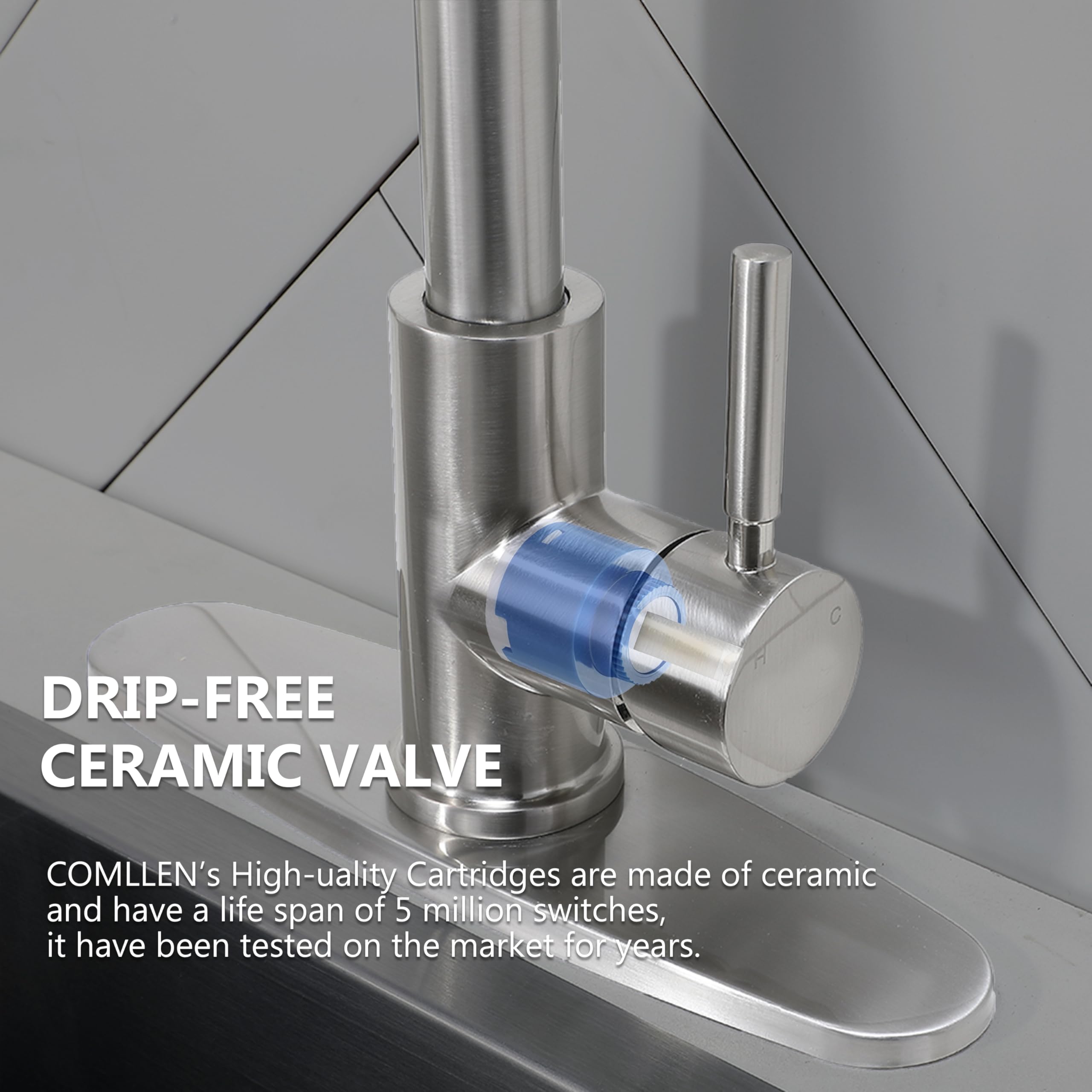 Comllen Brushed Nickel Stainless Steel Pull Down Sprayer Kitchen Faucet - High Arc Single Lever Commercial Sink Faucet for Farmhouse, RV, Bar & Laundry | Perfect for Modern Kitchens, Outdoor Bars & Mobile Homes