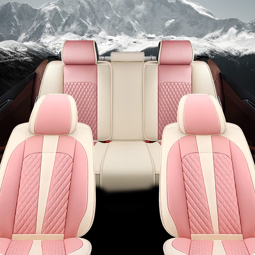Premium Waterproof Scratch-Resistant Non-Slip Leather Car Seat Covers - Full Set Compatible with Seat Ibiza & Airbag Safety (Beige/Pink) | Luxury Protection for Daily Commute, Road Trips & Family Travel