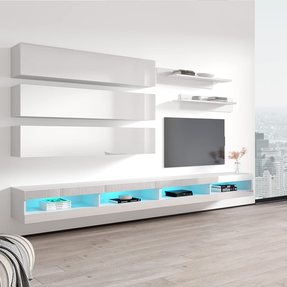 Modern White Wall-Mounted TV Stand with Storage Shelves & LED Lights - Floating Entertainment Center Console for Bedroom & Living Room - Perfect for Small Spaces & Home Theater Setups