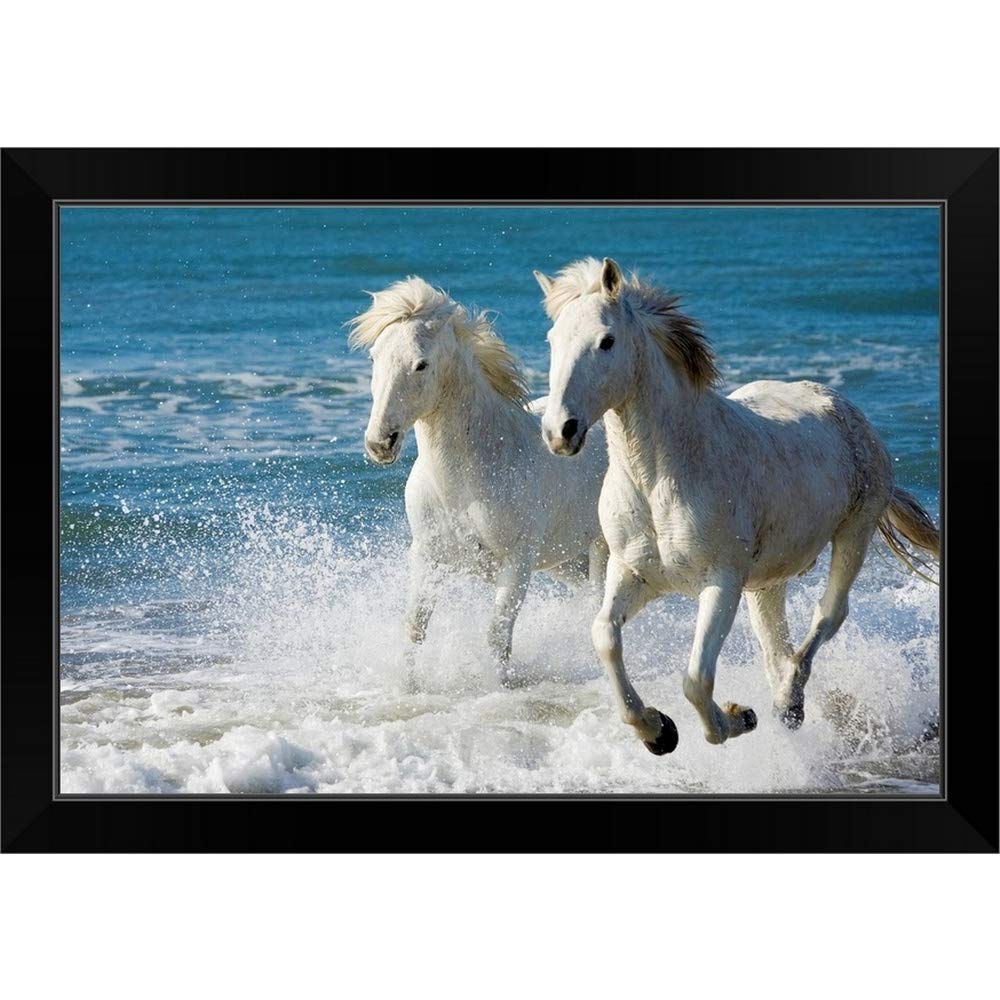 Camargue Horses Running on Beach - Black Framed Wall Art Print - Equestrian Home Decor for Living Room, Office & Bedroom