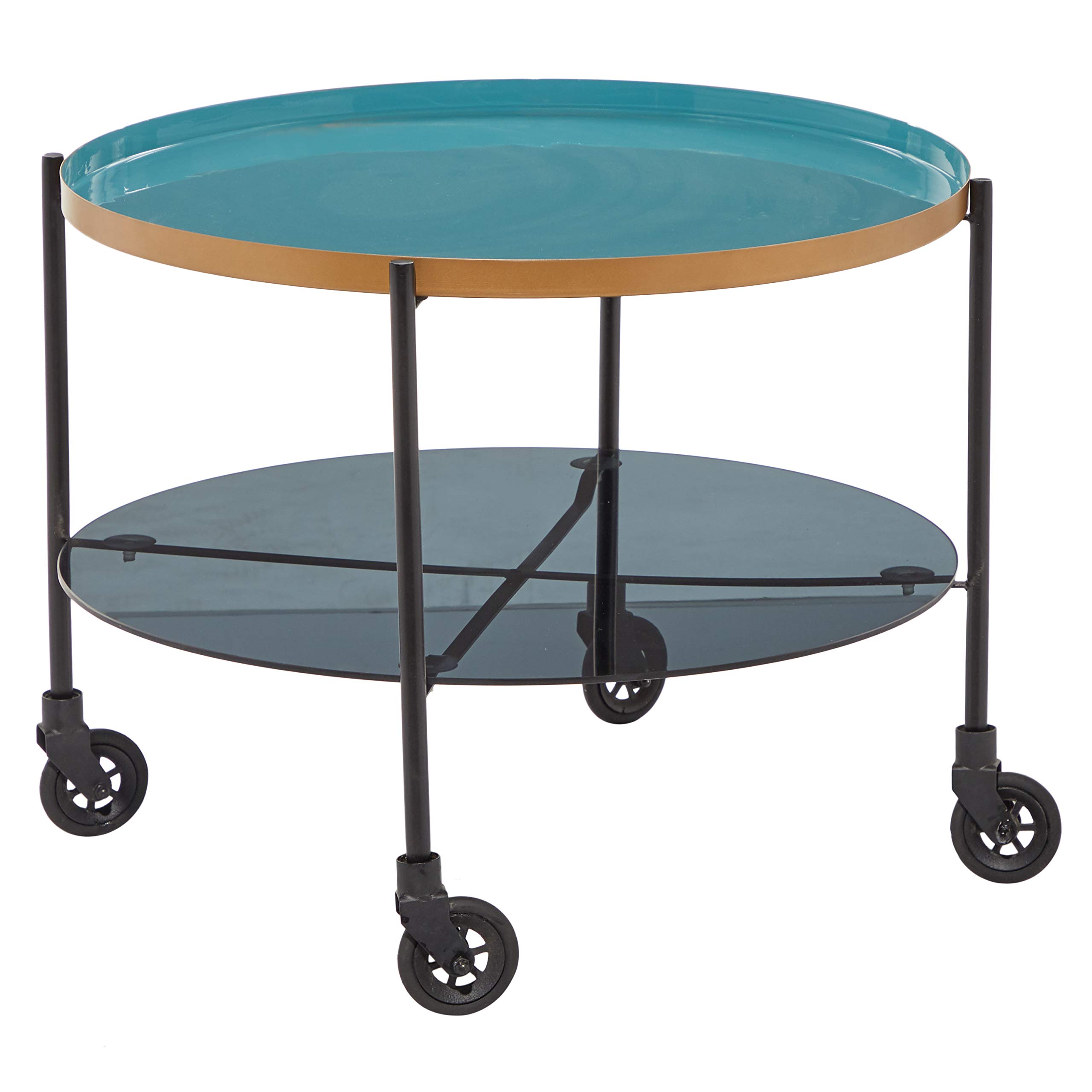 Deco 79 Modern Round Black Metal Coffee Table with Teal Enamel Tray Top & Tinted Glass Shelf - 26