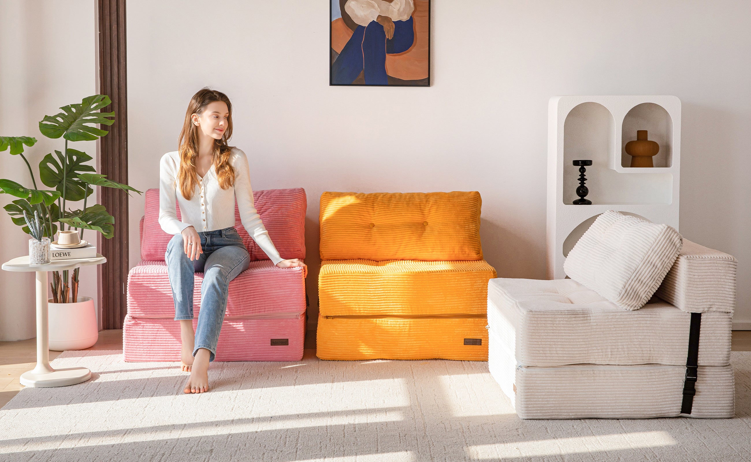 MAXYOYO Convertible Folding Sofa Bed with High Density Support Foam - Comfortable Sleeper Sofa for Small Spaces, Guest Room & Apartment Living - Orange Modern Futon for Living Room, Bedroom & Office