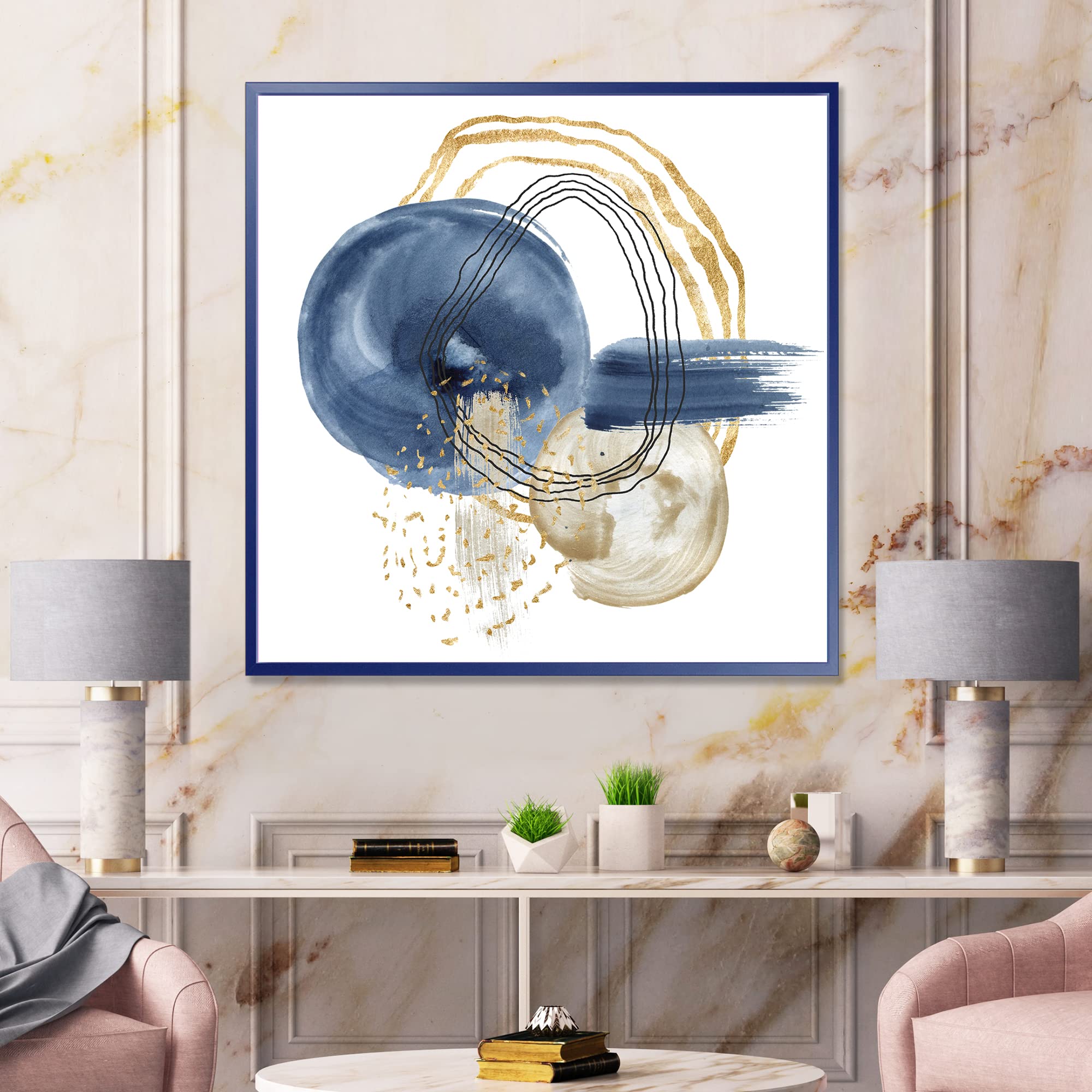 Abstract Dark Blue Gold & Black Underwater Life Canvas Wall Art - Modern Framed Print for Living Room, Bedroom & Office Decor