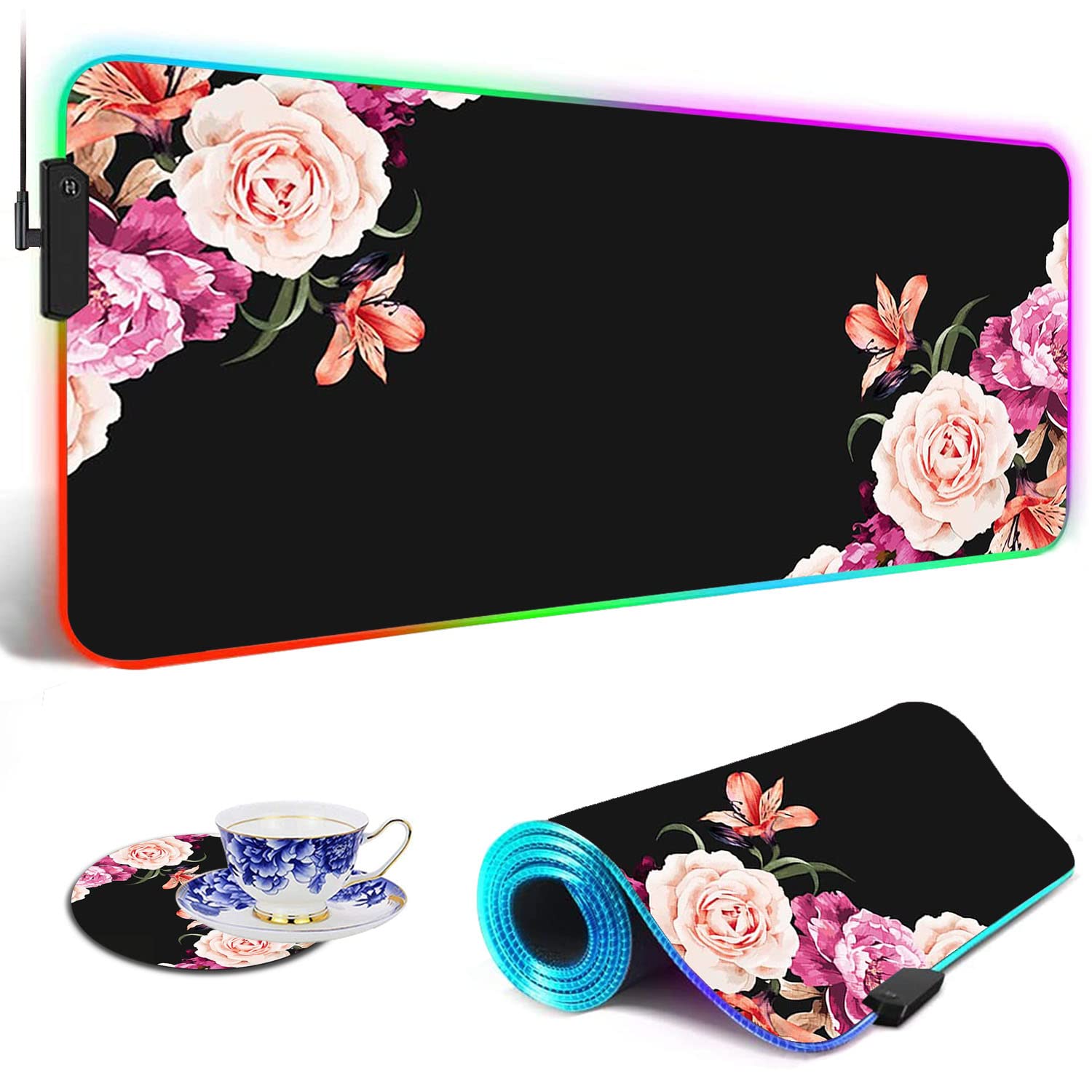 RGB Gaming Mouse Pad - Large LED Light-Up Desk Mat with Non-Slip Surface, Waterproof Design for PC Gamers | Perfect for Gaming Setups, Office Work & Streaming (Peony Flower Pattern)