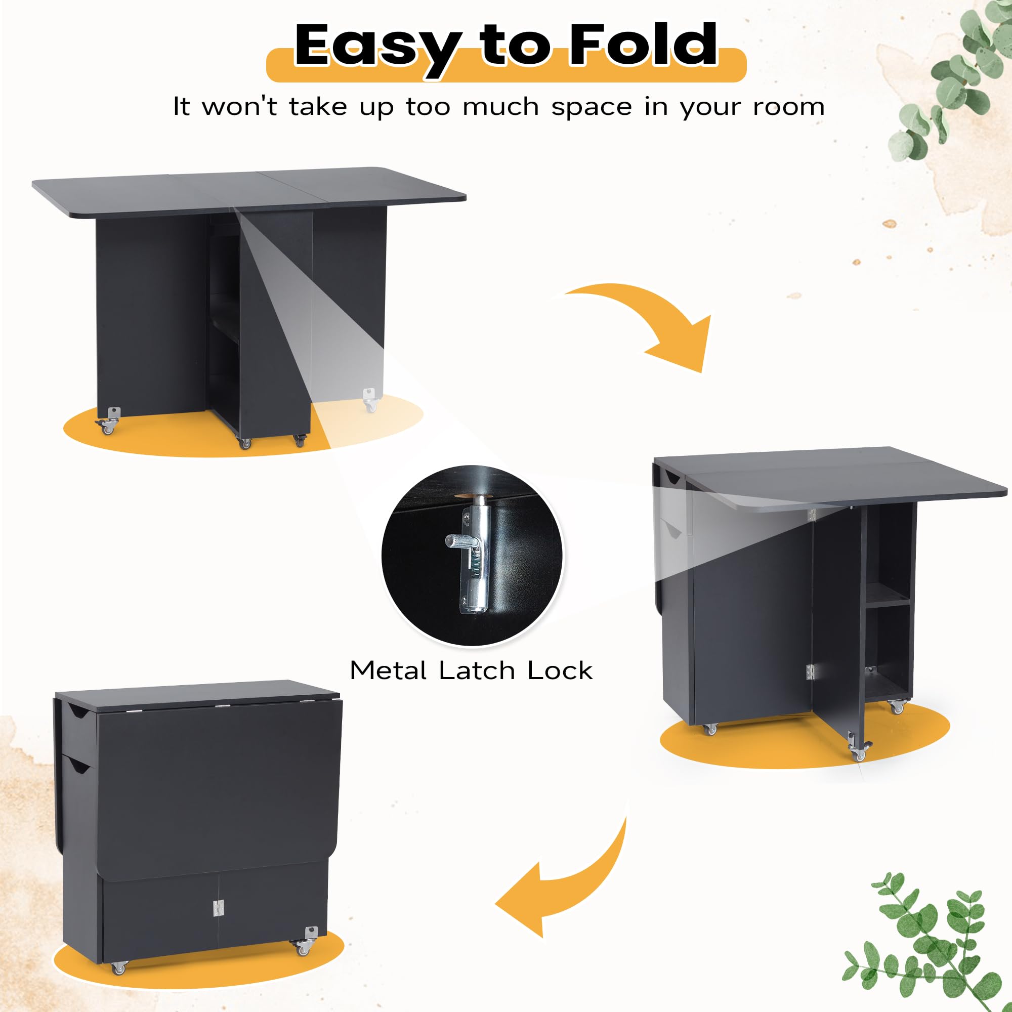 Space Saving Drop Leaf Folding Dining Table with Lockable Wheels & Storage Drawer - Extendable Kitchen Table for Small Apartments, Breakfast Nook, Studio Living & RV Homes