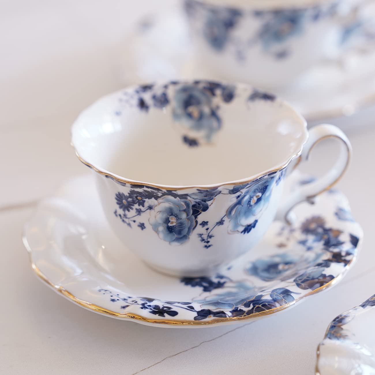 Premium Jomop Ceramic Tea & Coffee Cups with Saucers Set of 4 - Blue & White Porcelain for Afternoon Tea, Office Use & Gift Giving