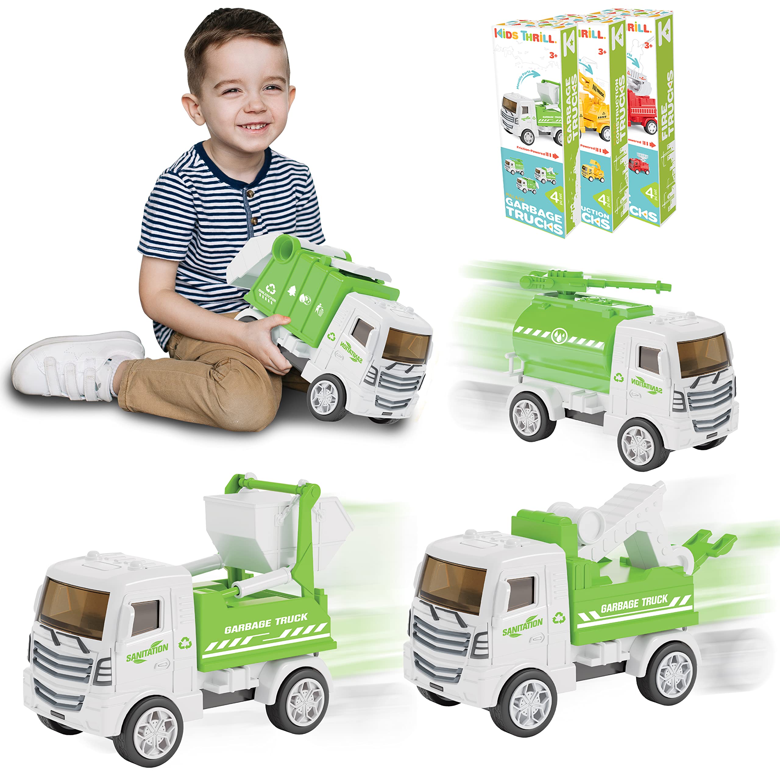 KIDSTHRILL Small Toy Garbage Truck Set for Kids Ages 3-12 - 4pc Collection with Garbage Truck, Trash Truck & Dump Truck Models - Perfect for Pretend Play, Birthday Gifts & Educational Toys