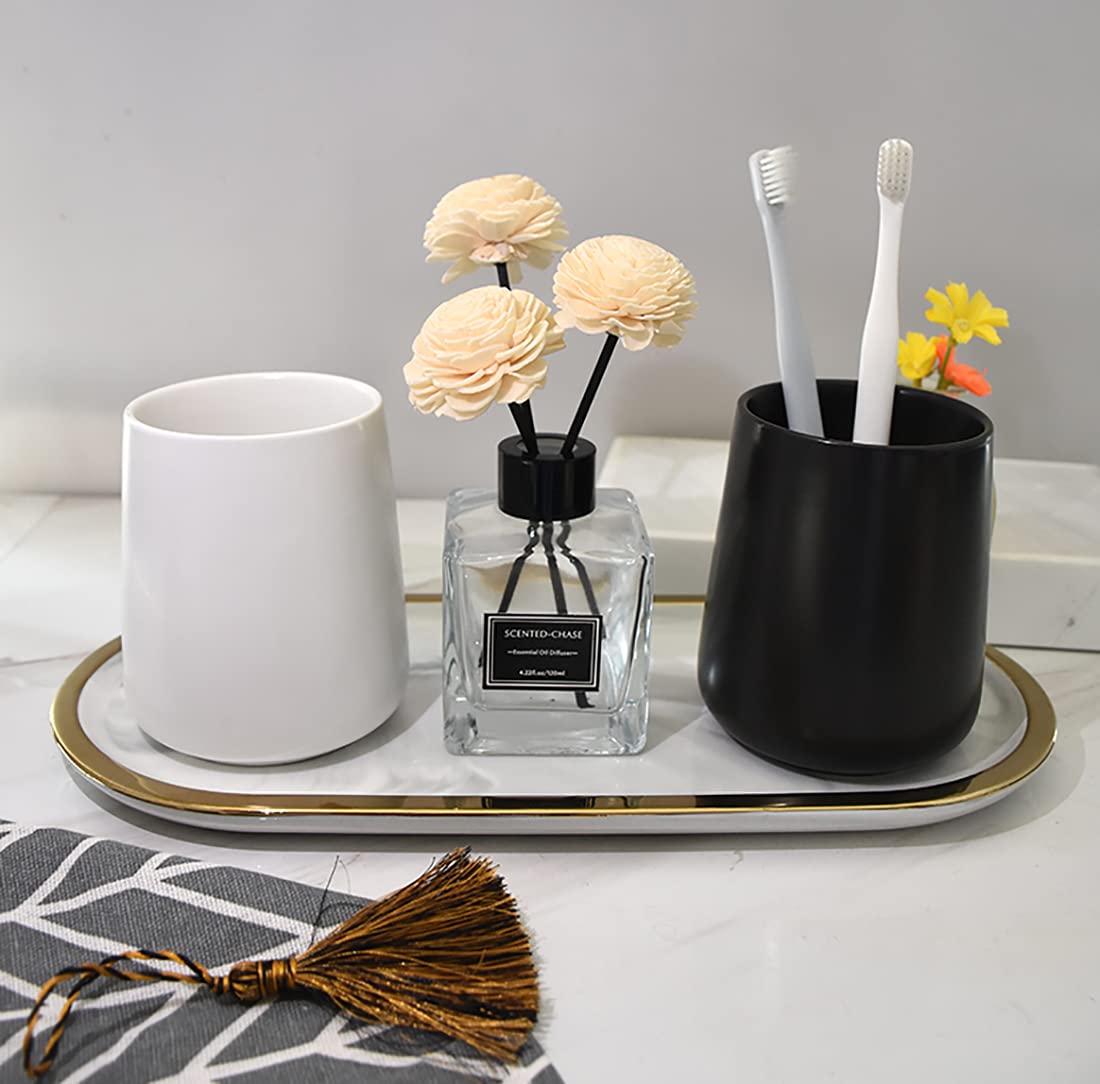TOPZEA 2 Pack 10 Inch Ceramic Vanity Trays - Elegant Marble Oval Bathroom Organizer with Gold Trim for Jewelry, Perfume & Soap | Perfect for Sink Countertop, Dresser Decor & Candle Holder Display