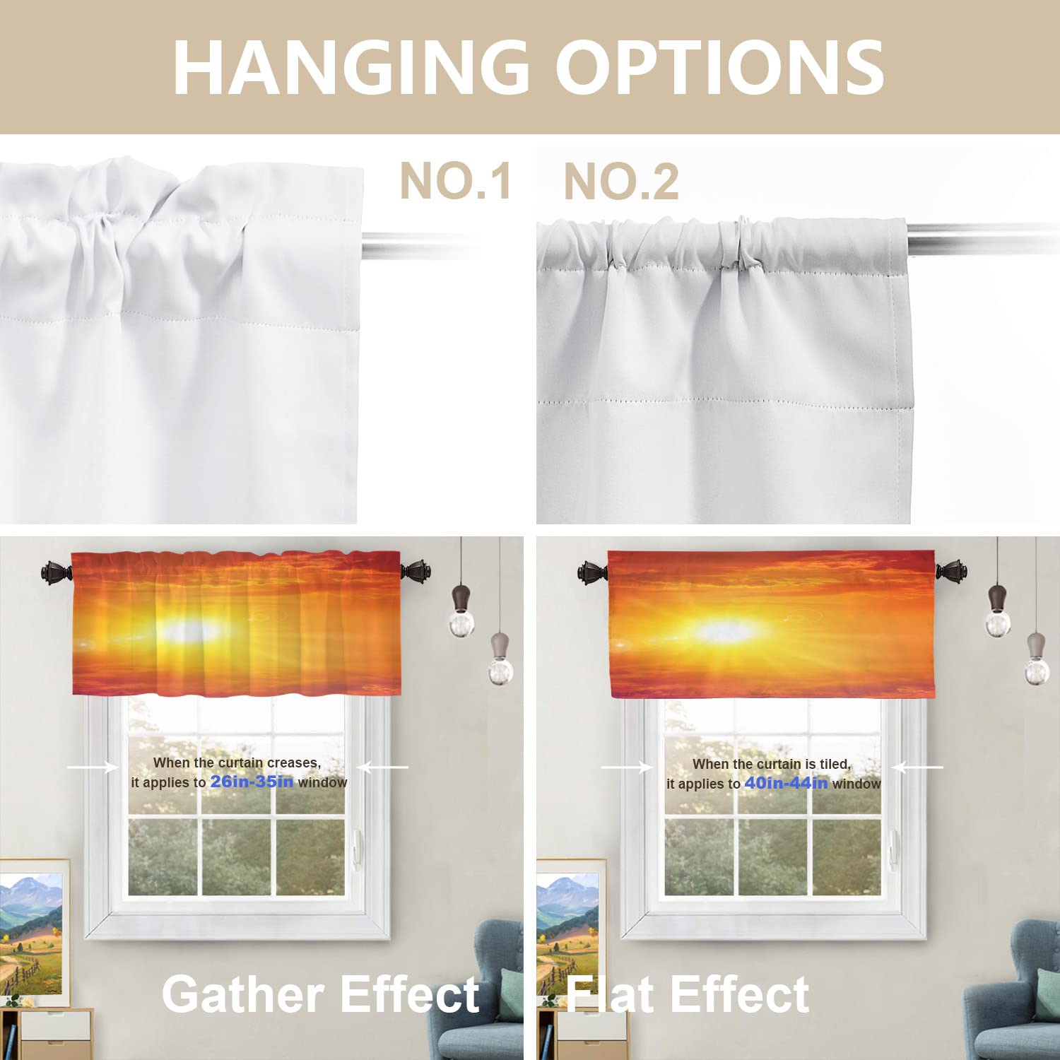 Radiant Orange Sunrise Sunset Landscape Kitchen Curtains - Blackout Decorative Small Kitchen Valances, 52 x 18 Inch, Perfect for Kitchen and Bedroom Windows