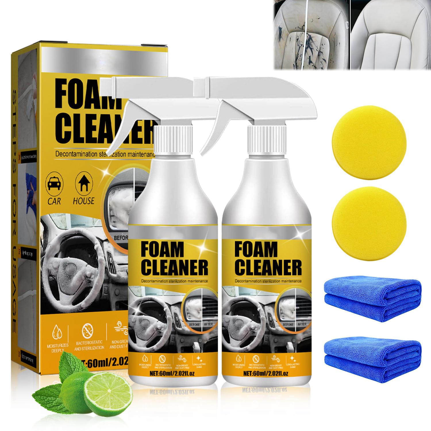 **Multi-Purpose Foam Cleaner for Cars & Upholstery - All-in-One Interior Car Seat Cleaner & Refresher (2-Pack) - Perfect for Deep Cleaning Car Seats, Sofas & Home Furniture**