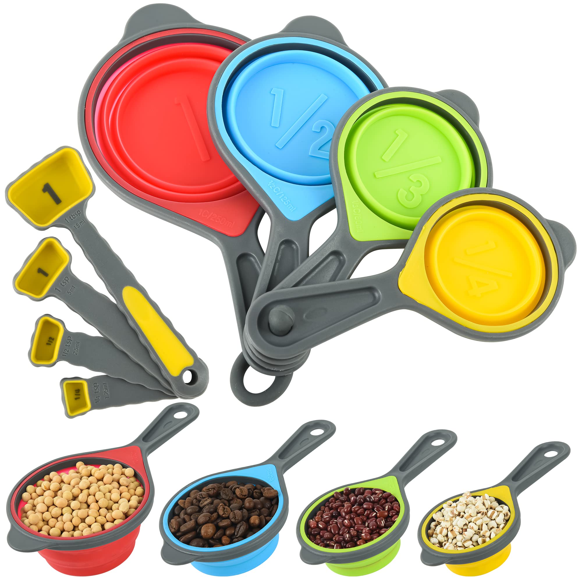 8-Piece Collapsible Measuring Cups and Spoons Set - Food Grade Silicone for Liquid & Dry Ingredients - Space-Saving Kitchen Tools (Yellow/Rainbow) - Perfect for Baking, Cooking & Meal Prep