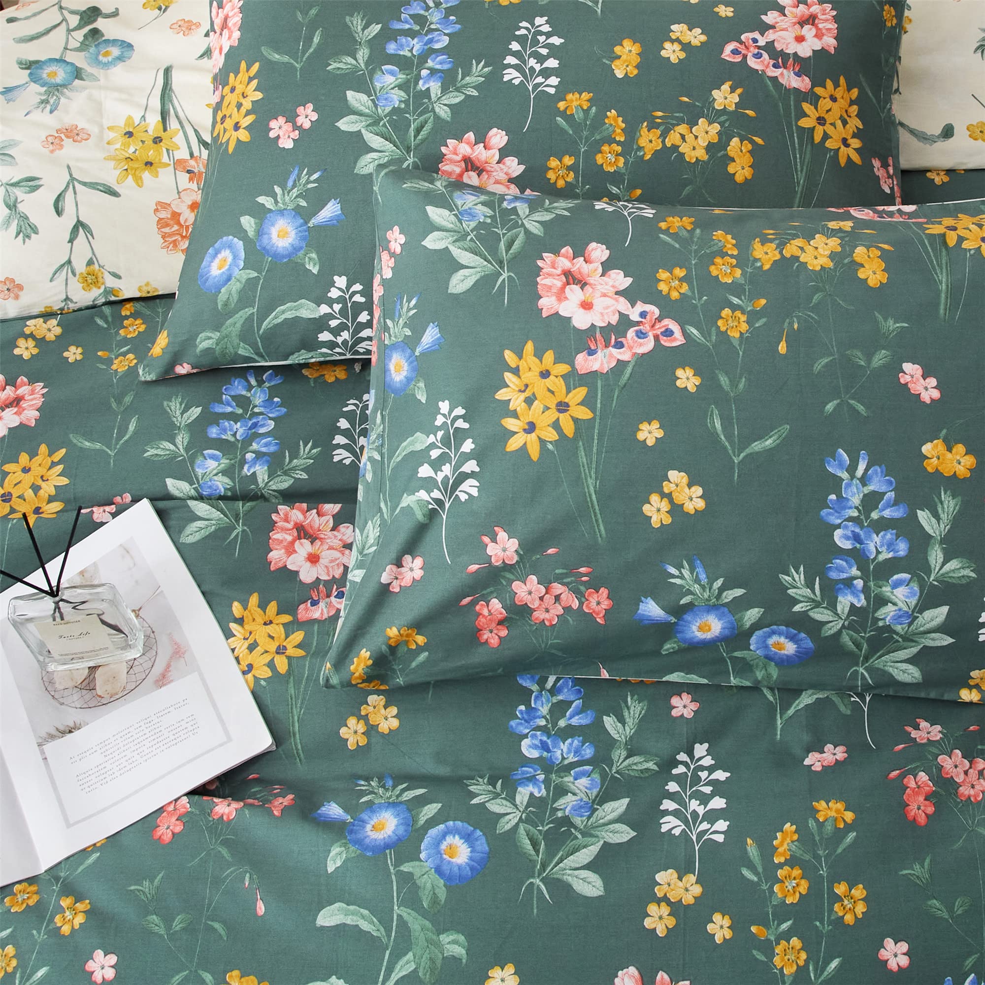 **PinkMemory Queen Size Duvet Cover Set - 100% Cotton Green & White Floral Pattern, Soft & Durable with Zipper Closure, Includes Pillowcases - Perfect for Bedroom, Guest Room, and Home Decor**