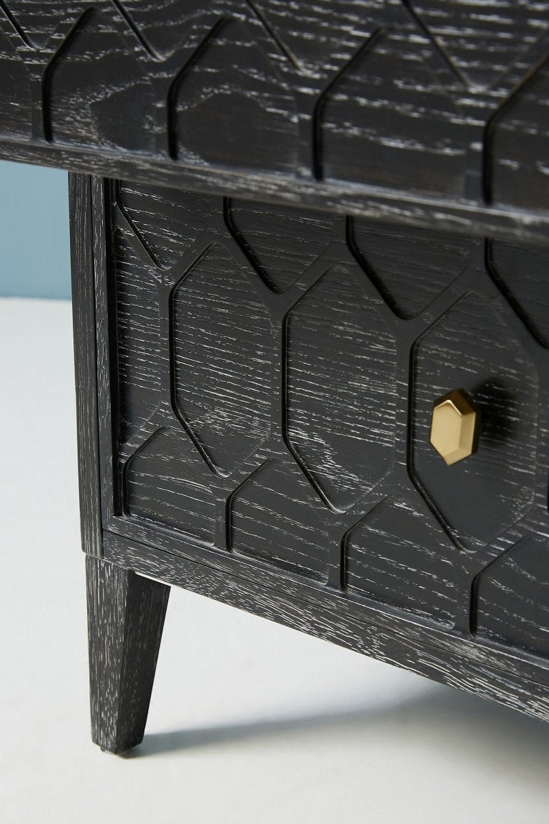 Hand Carved Textured Wooden Nightstand with 2 Drawers - Black Bedside Table for Bedroom | Modern Bedroom Furniture, Small Space Storage Solution