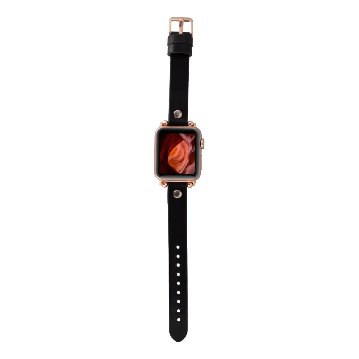 Slim Black Leather Apple Watch Band with Silver Rivet - Stylish & Durable Replacement Strap for Workout, Office & Everyday Wear