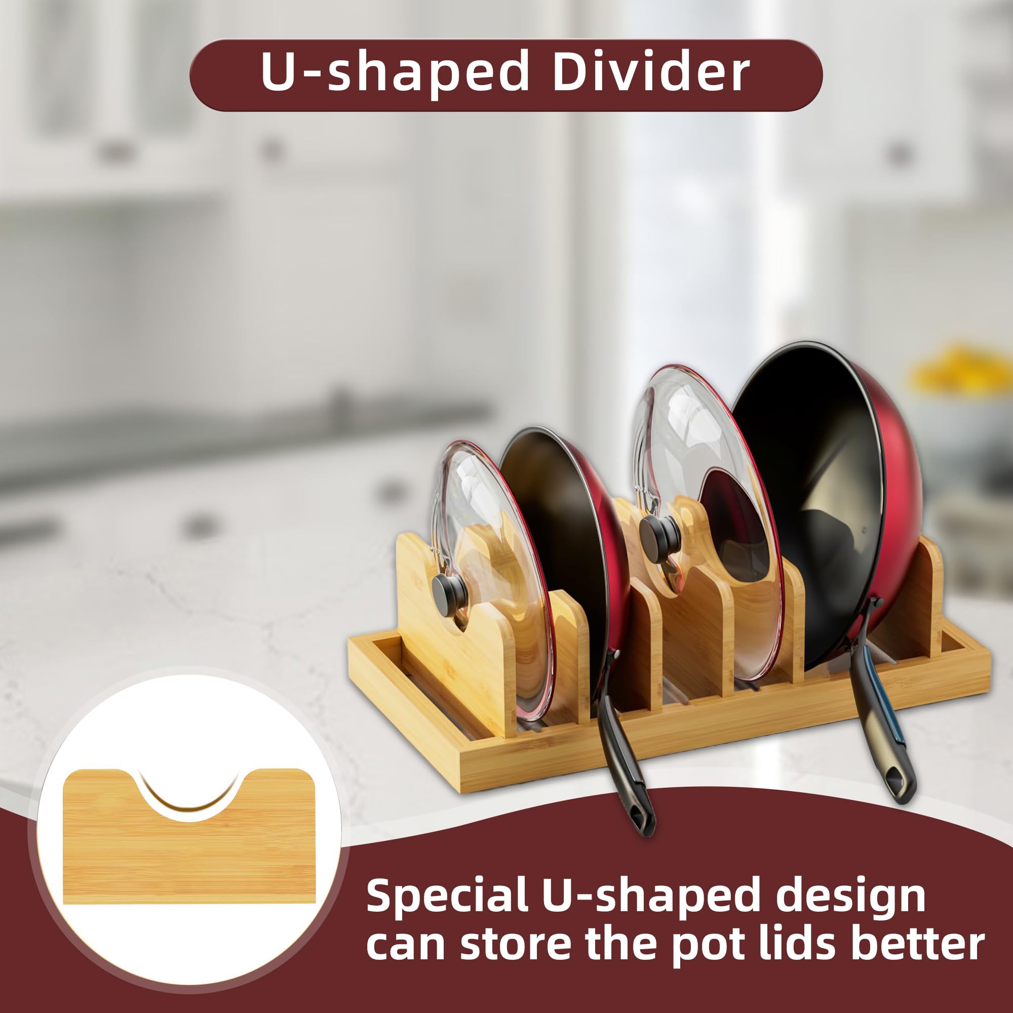 Adjustable Bamboo Pot Lid Organizer - Kitchen Cabinet & Countertop Storage Rack for Pans, Sheets & Covers | Space-Saving Under Cabinet & Counter Organizer for Clutter-Free Cooking