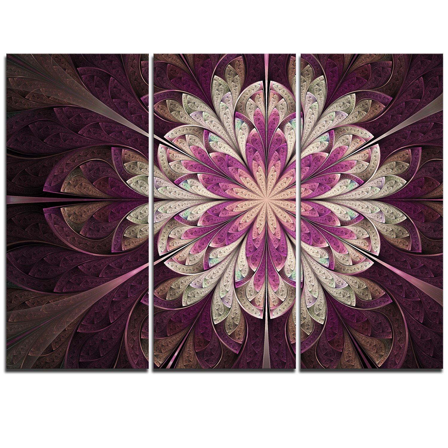 Designart MT11887-3P White Purple Rounded Fractal Flower Large Floral Metal Wall Art Set (3 Panels, 36x28 Inches) - Modern Home Decor for Living Room, Bedroom & Office