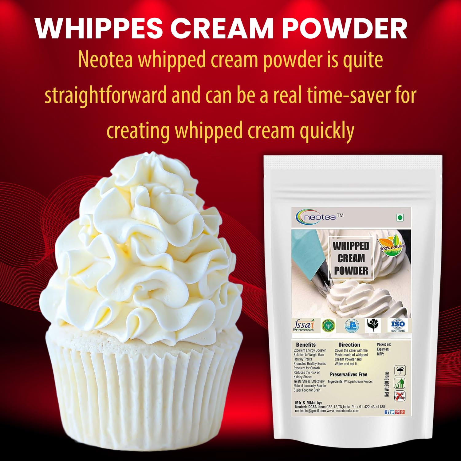 Premium Neotea Whipped Cream Powder for Baking - 200g (7.05oz) Cake Stabilizer & Dessert Topping Mix | Heavy Whipping Cream Powder for Icing, Ice Cream, Coffee & Pastries | Perfect for Professional Bakers & Home Chefs