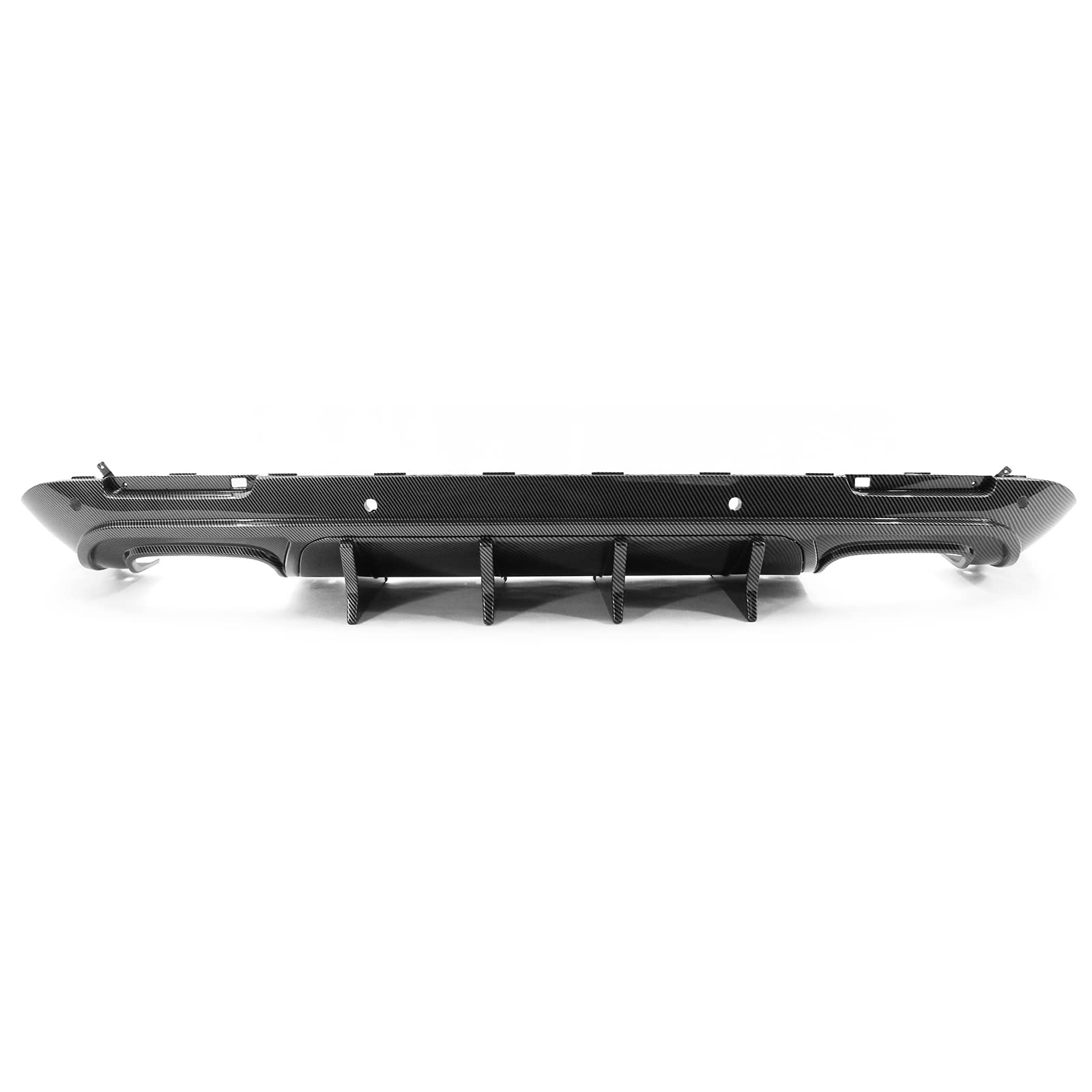 IKON MOTORSPORTS V4 Style Carbon Fiber Print Rear Diffuser for 2015-2023 Dodge Challenger | PP Bumper Lip Spoiler with Shark Fins | Aggressive Styling Upgrade for Street Racing & Car Shows