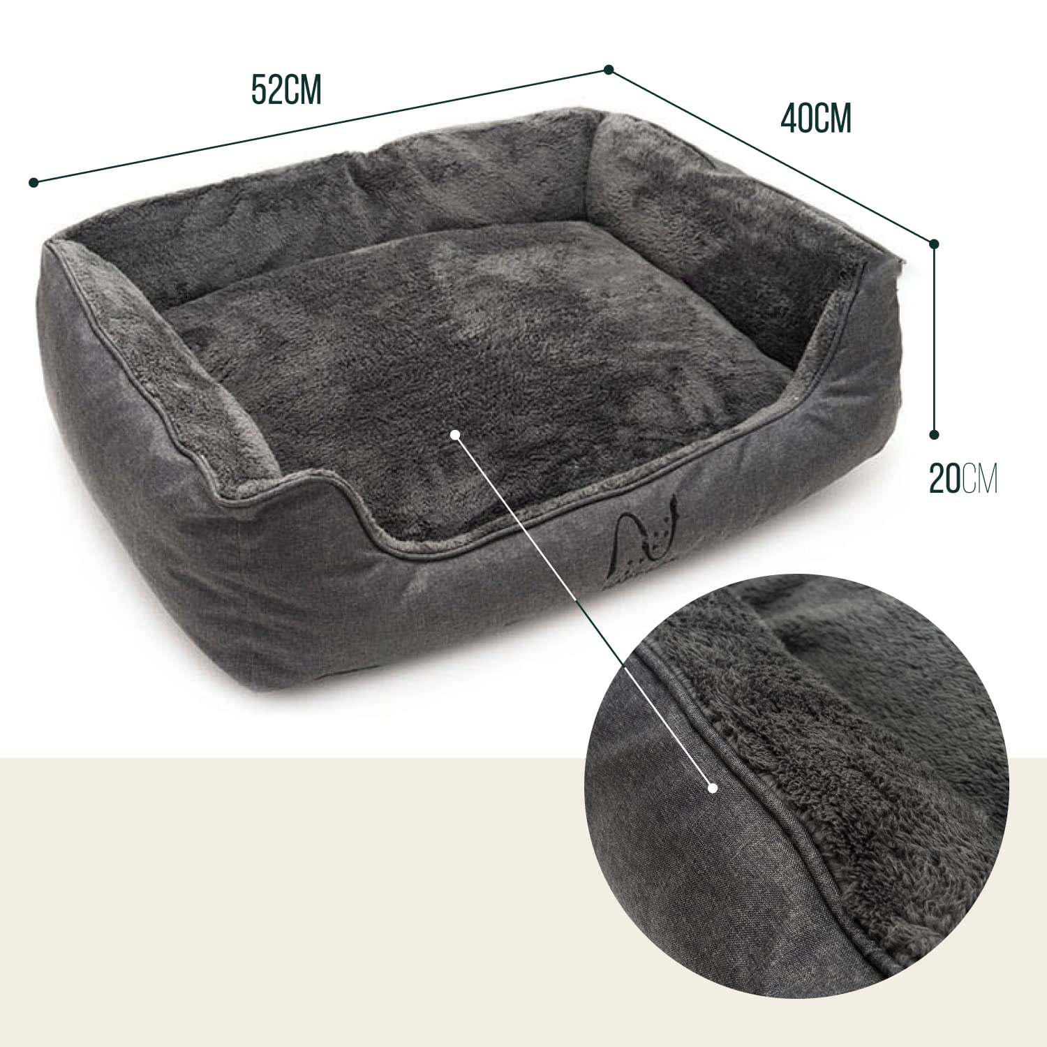 Happilax Washable Plush Dog Bed with Removable Cover - Orthopedic Bolster Pet Bed for Small to Large Dogs - Grey Rectangular Dog Pillow with Raised Edges - Perfect for Living Room, Bedroom & Crate Comfort