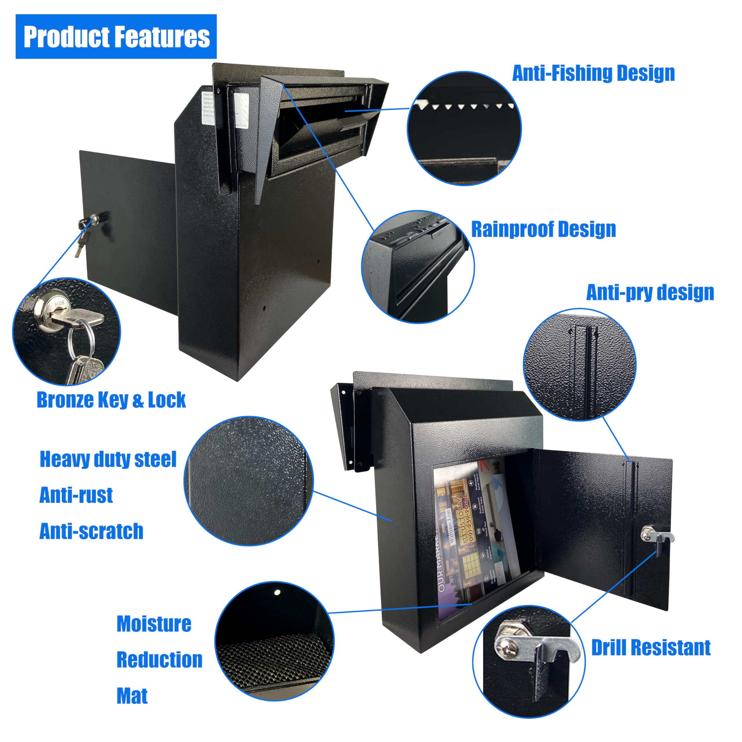 Heavy Duty Weatherproof Galvanized Steel Locking Mailbox - Secure Through-Door Drop Box for Keys, Payments & Mail - Rainproof & Durable Black Mailbox for Home, Office & Apartment Use