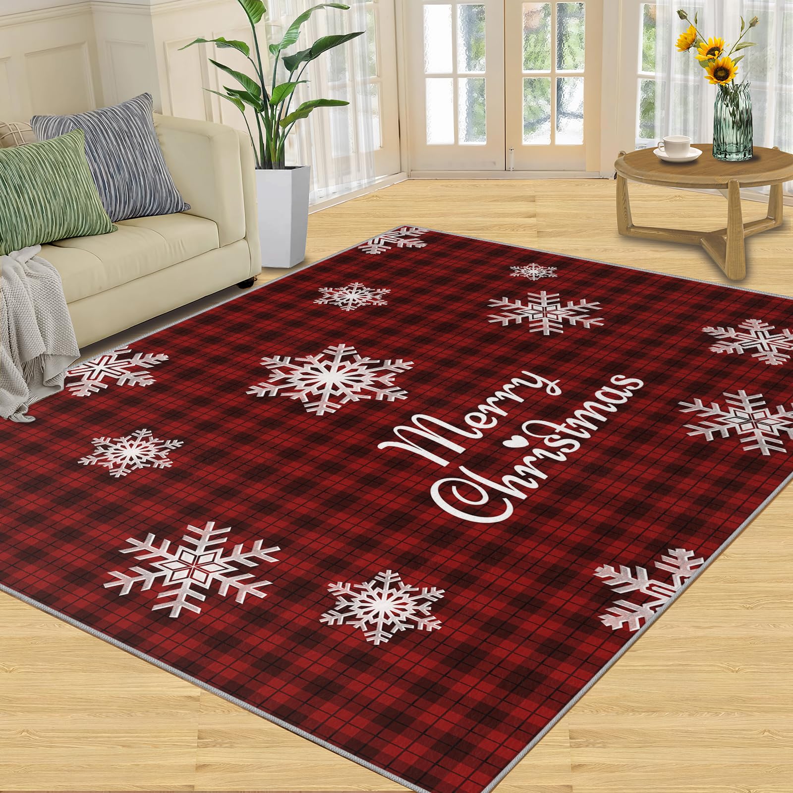 5x7 White Christmas Snowflake Area Rugs - Non-Slip Soft Abstract Geometric Floor Mats for Bedroom, Living Room & Teen Room - Perfect for Holiday Decor & Hardwood Floors (Black/Red Grid Design)