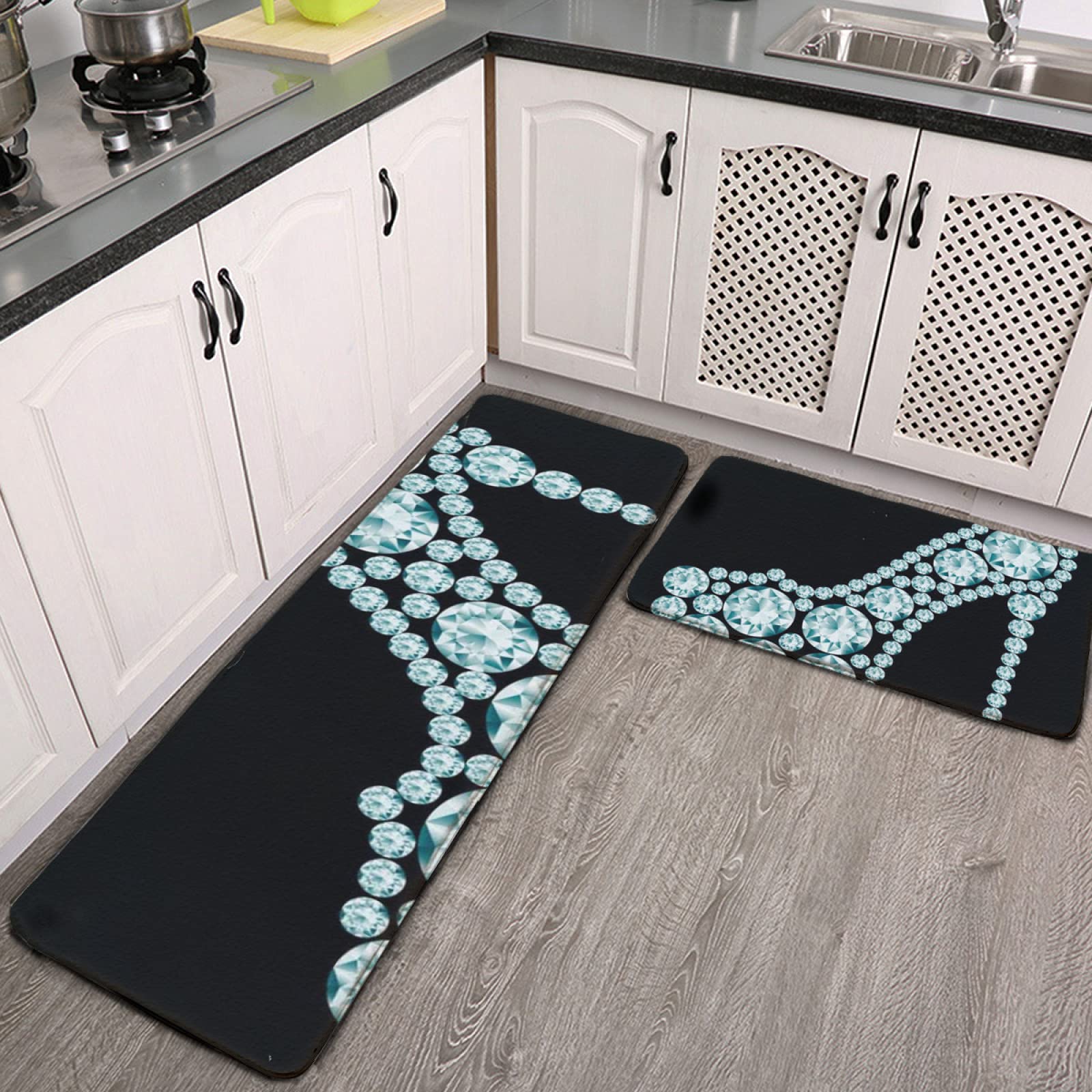 2-Piece Non-Slip Kitchen Rug Set - Super Absorbent Washable Floor Mats for Kitchen, Bathroom & Laundry - Diamond Pattern Design for Home Decor (Perfect for High Traffic Areas & Wet Floors)