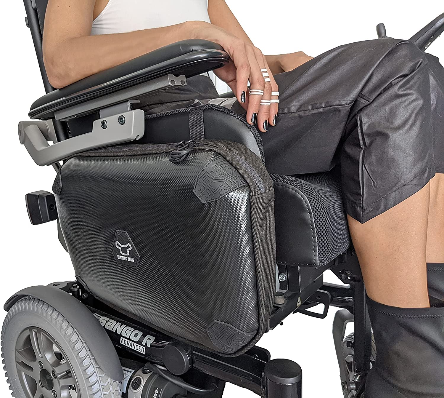 Handy Bag Electric Wheelchair Side Bag - Black with White Logo - Convenient Storage for Mobility Accessories & Daily Essentials