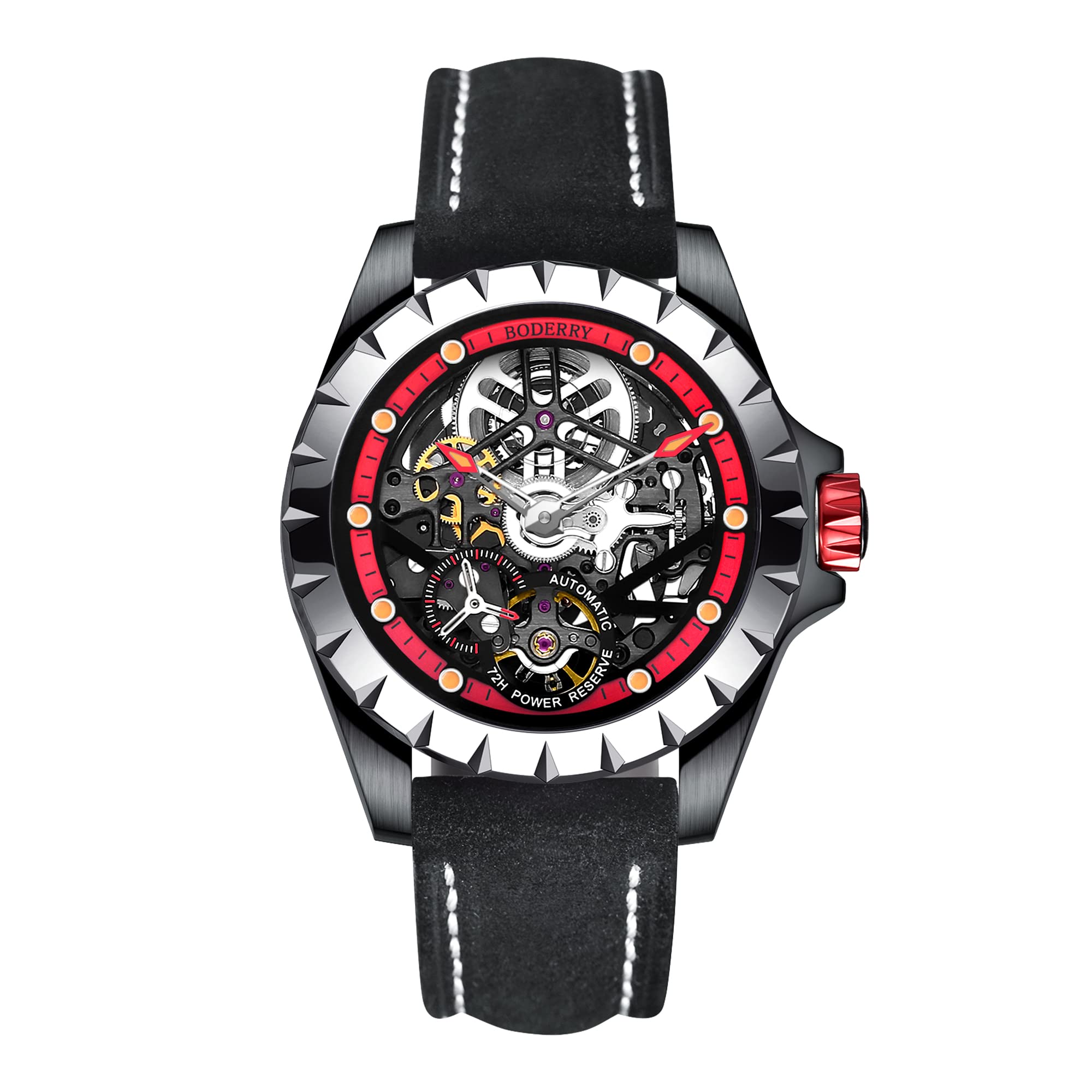 BODERRY Skeleton Men's Watch - Titanium Automatic Mechanical Watch with 72H Power Reserve, 5ATM Waterproof, Luminous Sapphire Crystal & Leather Strap - Steampunk Style Gift for Urban Professionals, Business Meetings, and Nightlife