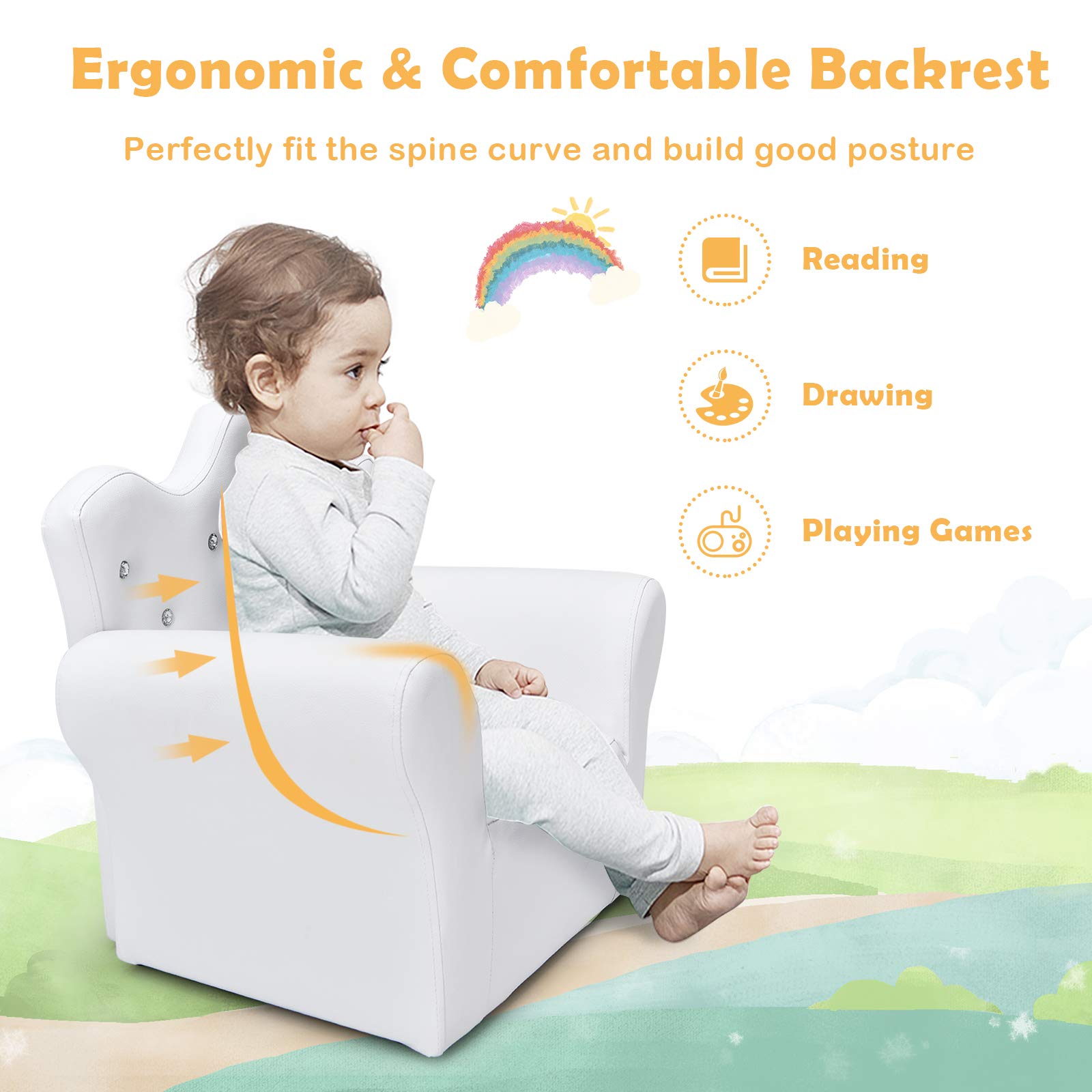GLACER Kids Sofa with Ottoman - White PVC Leather Upholstered Crown-Back Armchair with Embedded Crystals, Princess Chair for Toddler Girls & Boys, Children's Furniture for Playroom, Bedroom & Nursery Decor