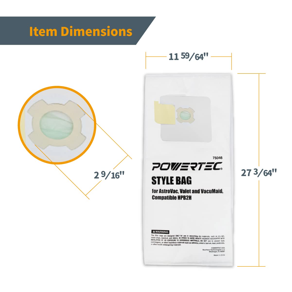 POWERTEC 5-Ply Vacuum Bags 3 Pack - Replacement Filter Bags for AstroVac, Valet & VacuMaid HPB2H/HPB2HPK Central Vacuums - High Efficiency Dust Collection Bags (75046V) - Perfect for Home Cleaning & Central Vacuum System Maintenance