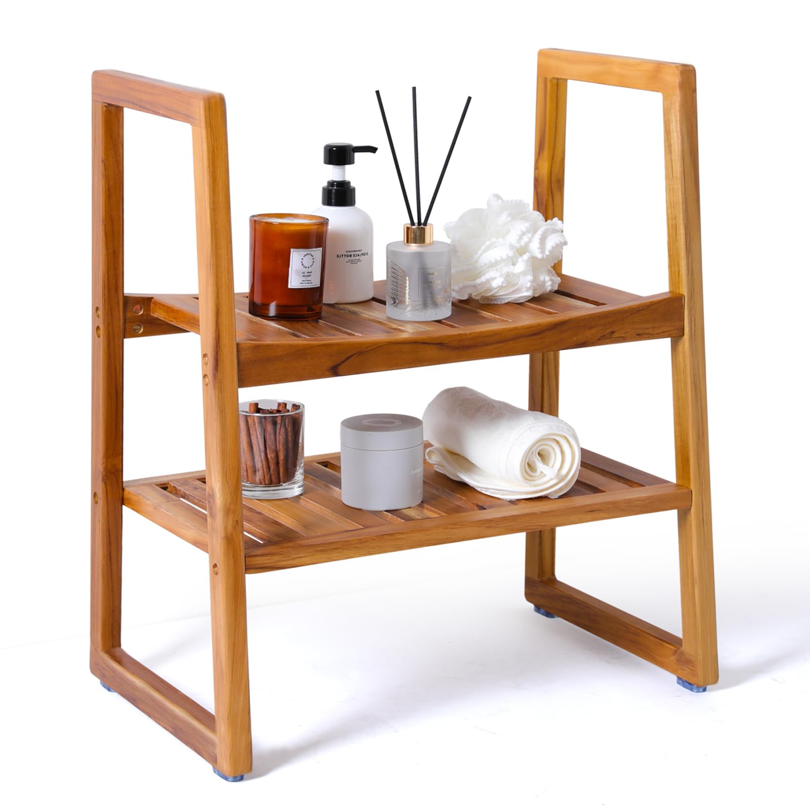 Premium Teak Shower Bench with Arms & 2-Tier Storage Shelf - 21
