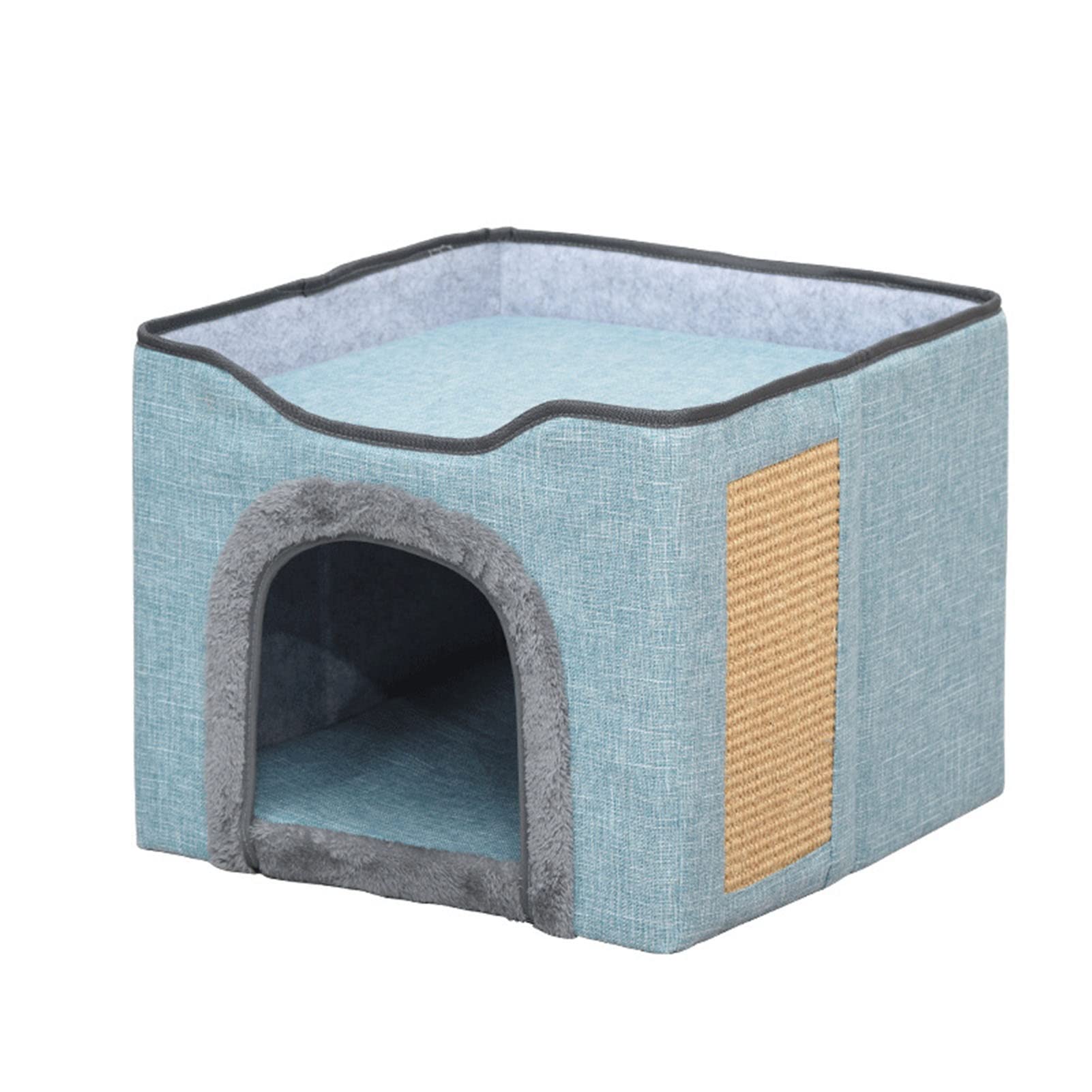 Cozy Cat Bed for Indoor Cats - Soft Cuddler Cat Cave with Scratch Pad, Warm Pet House for Two Cats, Play & Sleep (Blue) - Perfect for Small Spaces & Multi-Cat Homes