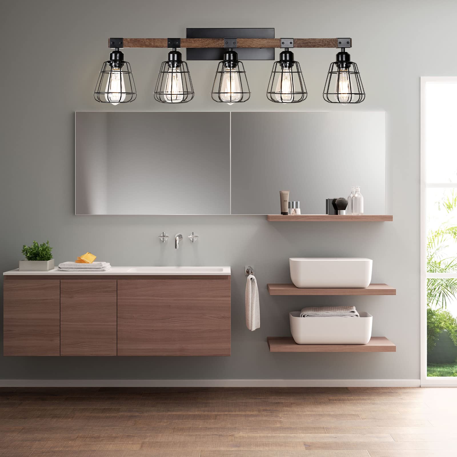 5-Light Modern Wall Sconce for Bathroom Vanity - Farmhouse Black Wood & Metal Cage Industrial Lighting - Perfect for Mirror Lighting, Powder Rooms, and Rustic Home Decor