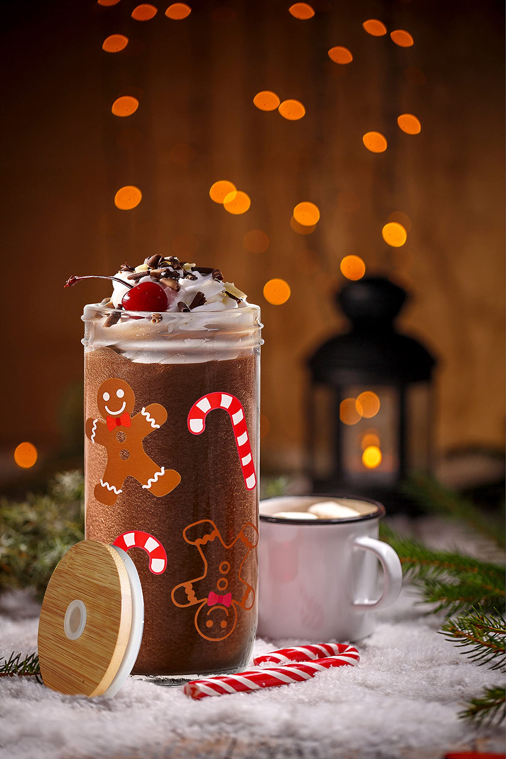 **ANOTION Christmas Cups - 16oz Colored Christmas Mugs with Lids & Straws, Unique Teacher Gifts, White Elephant Gifts for Adults, Mason Jar Glass Tumblers for Coffee, Tea & Hot Drinks - Perfect for Holiday Parties, Office Gifts & Cozy Home Use**