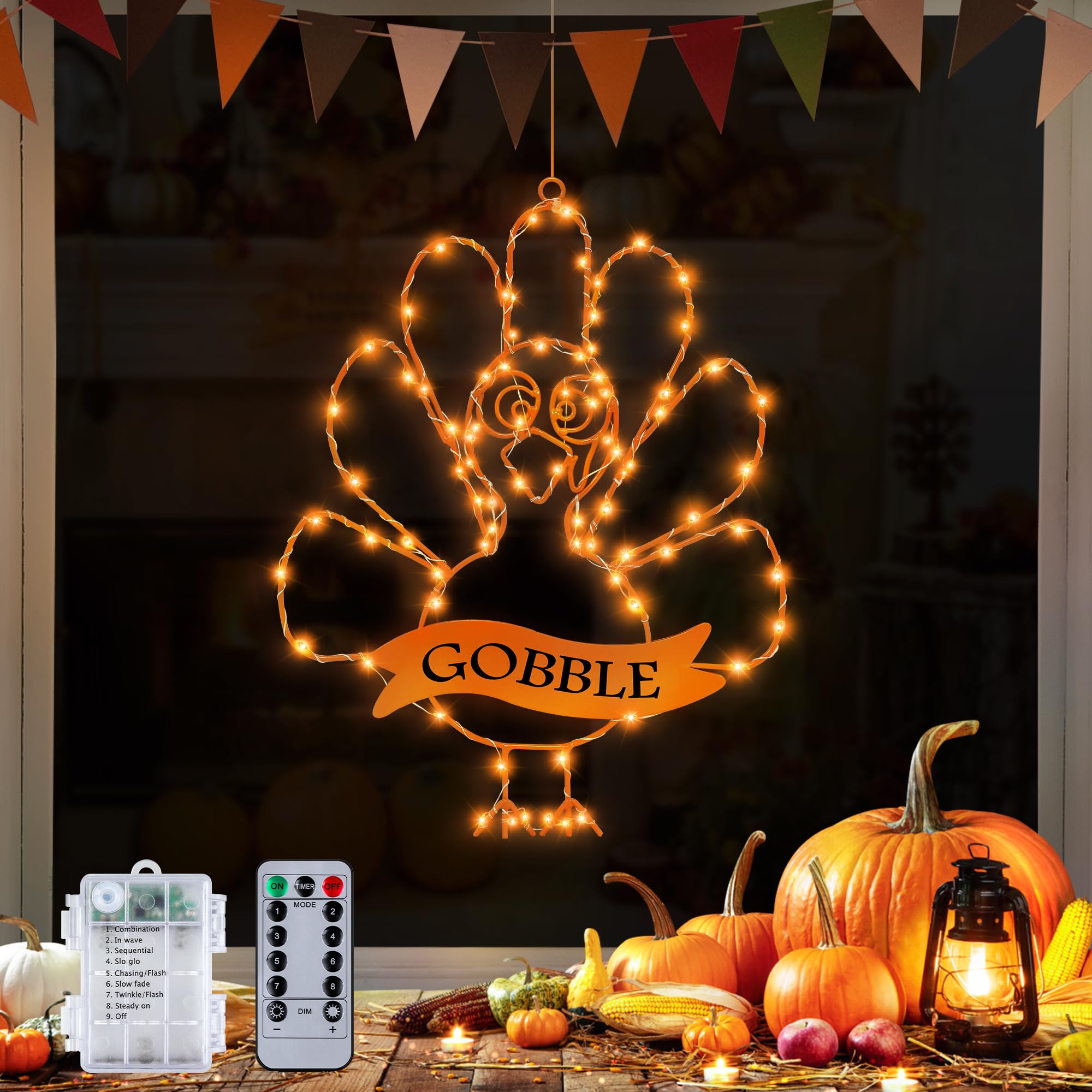 Battery Operated Thanksgiving Window Lights - 8 Modes Timer Silhouette Decor for Turkey Day | Orange LED Indoor String Lights for Home, Living Room & Thanksgiving Party Decorations | Perfect for Holiday Window Displays & Festive Atmosphere