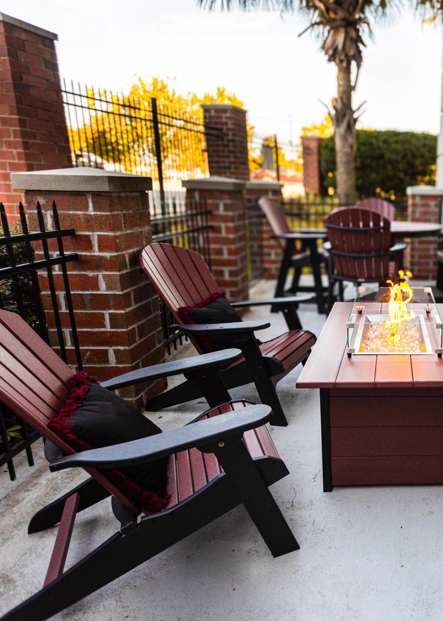Premium Fanback Classic Adirondack Chairs with Stanton Fire Table Set - Garnet & Black Outdoor Furniture Collection | Perfect for Patio, Garden, Poolside & Backyard Relaxation