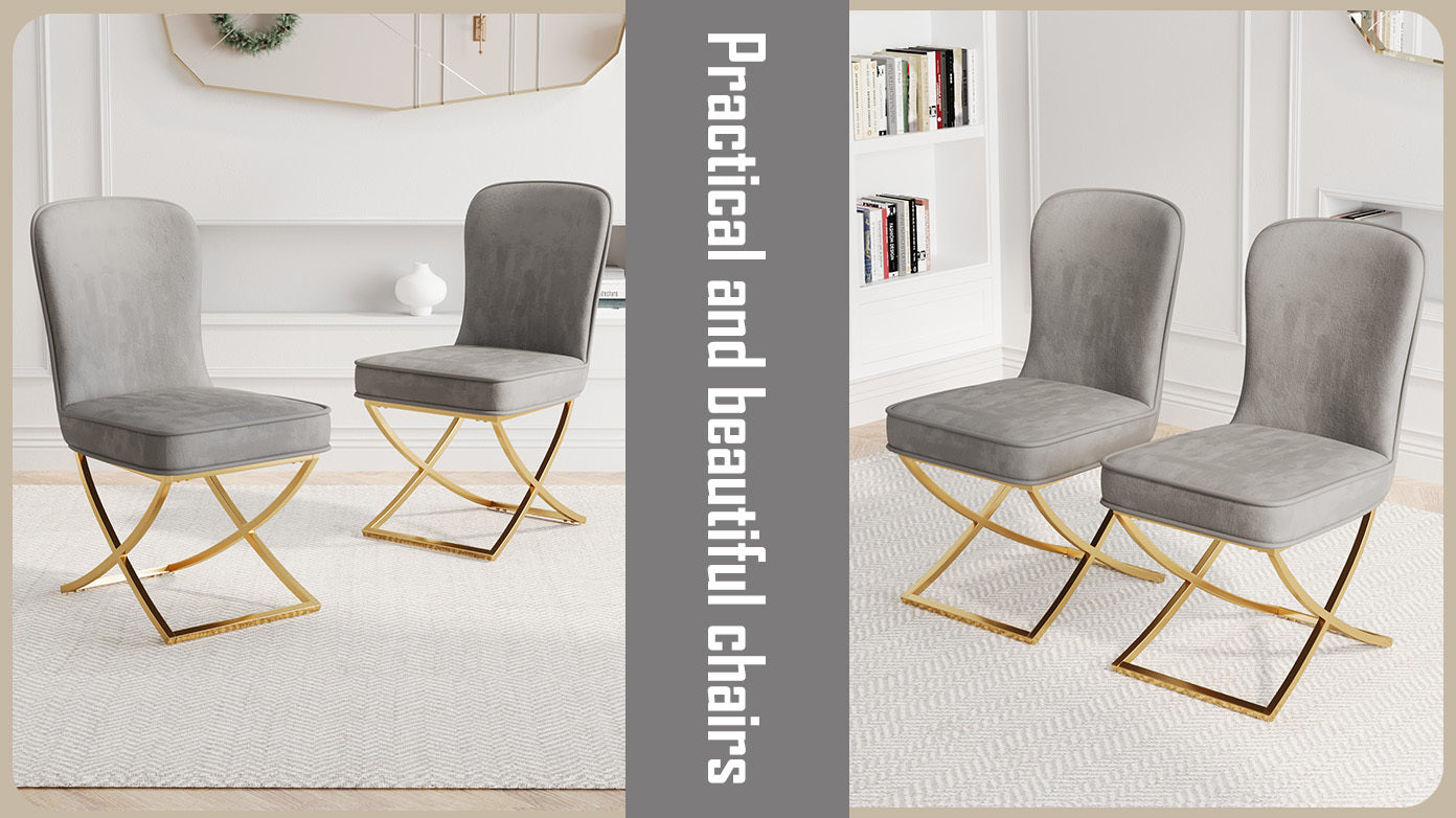 4-Piece Grey Velvet Dining Chair Set with Golden Metal Legs - Modern Kitchen, Living Room, Office & Leisure Chairs for Home Decor