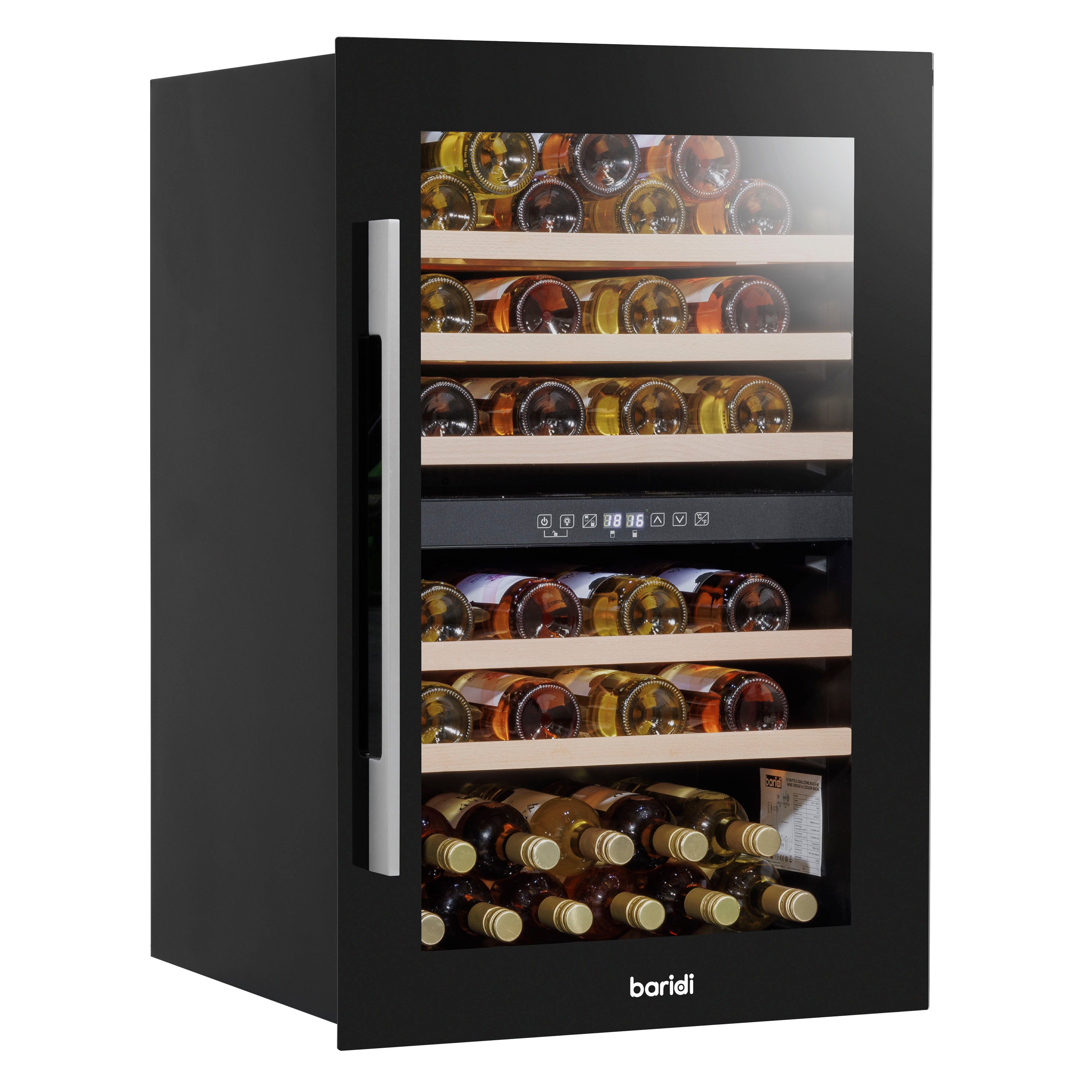 Baridi 60cm Built-In 57 Bottle Dual Zone Wine Cooler with Beech Wood Shelves - Black (DH118) | Perfect for Home Bars, Restaurants & Wine Cellars | Energy Efficient Wine Refrigerator for Optimal Storage
