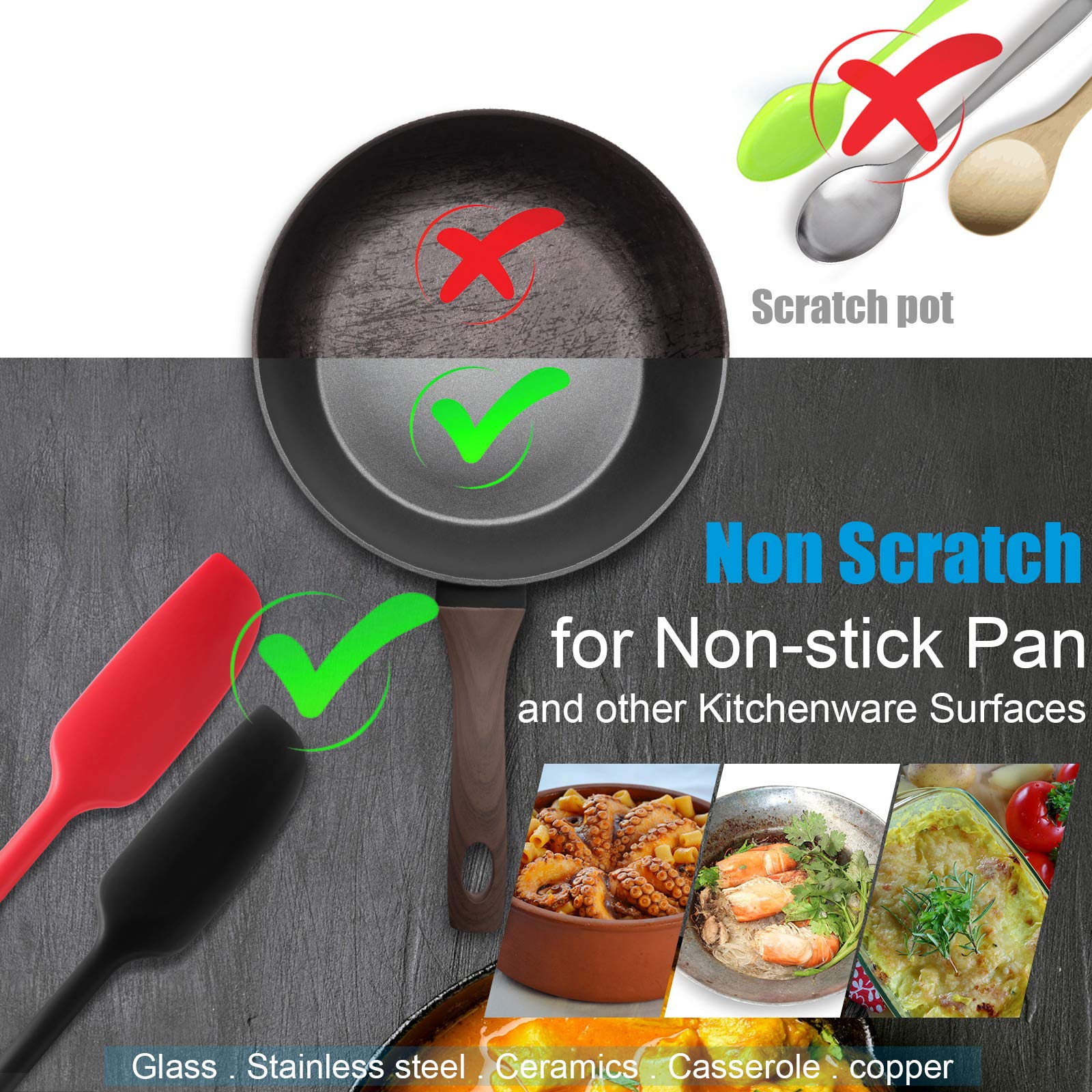 2-Pack Patelai Silicone Jar Spatulas - Long Handle Non-Stick Rubber Scrapers, Heat Resistant Cooking & Baking Tools for Smoothies, Blenders, Mixing & Stirring (Red & Black) - Perfect for Kitchen, Baking & Food Prep
