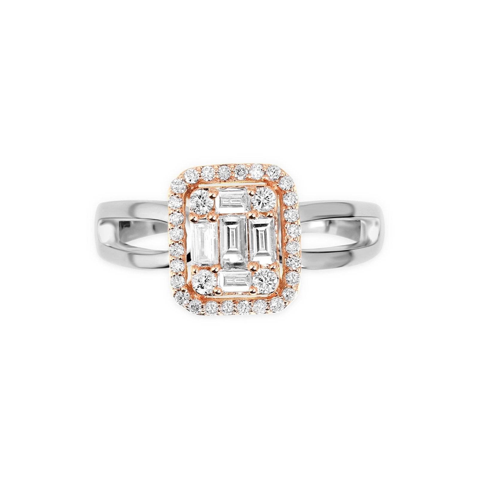 18k White Gold and Rose Gold Diamond Baguette Illusion Ring – Elegant Two-Tone Wedding Band for Women, Perfect for Engagement, Anniversary & Special Occasions