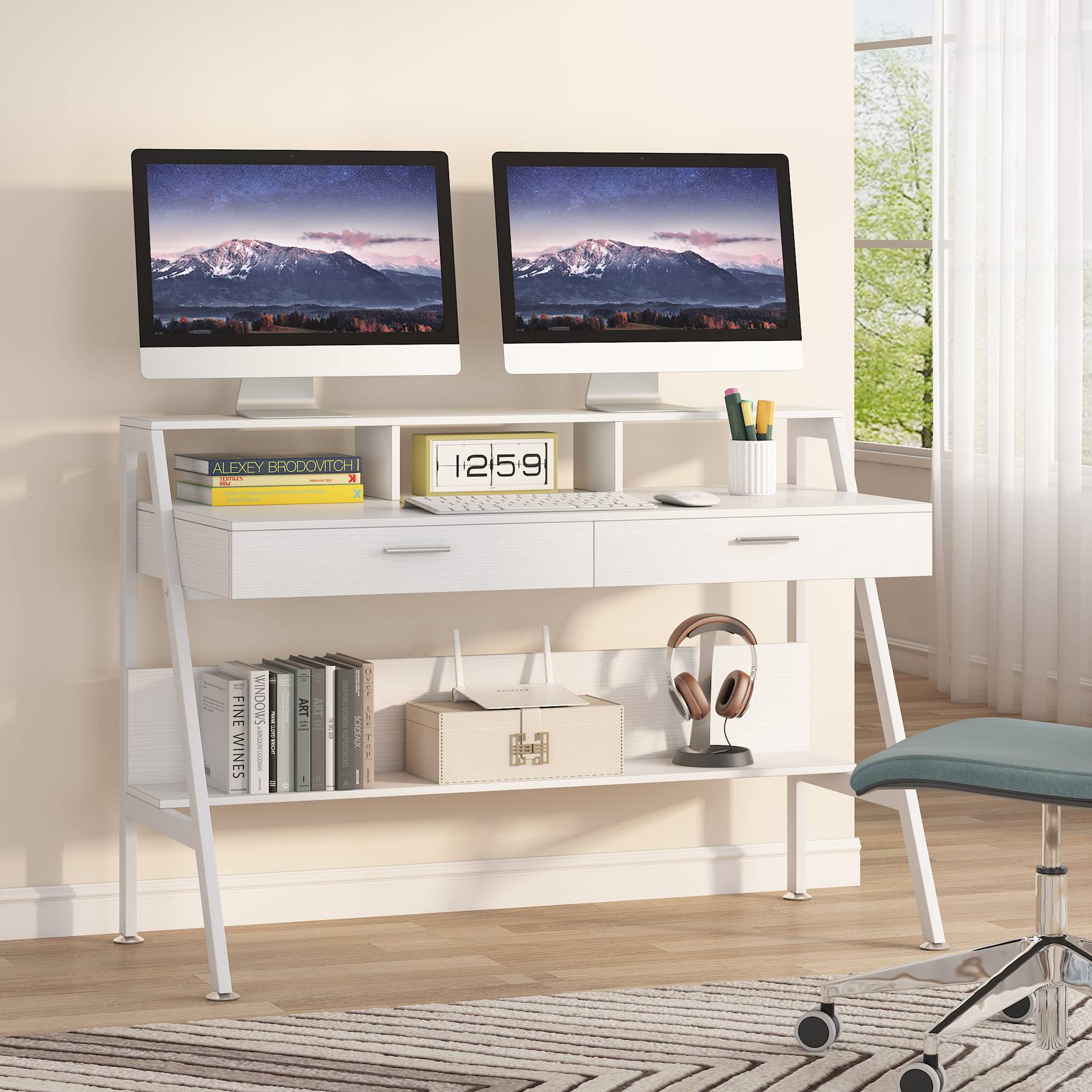 Modern White Computer Desk 47 Inch - Sturdy Writing Desk with Storage Shelf & Drawers for Home Office, Gaming & Study Workspace