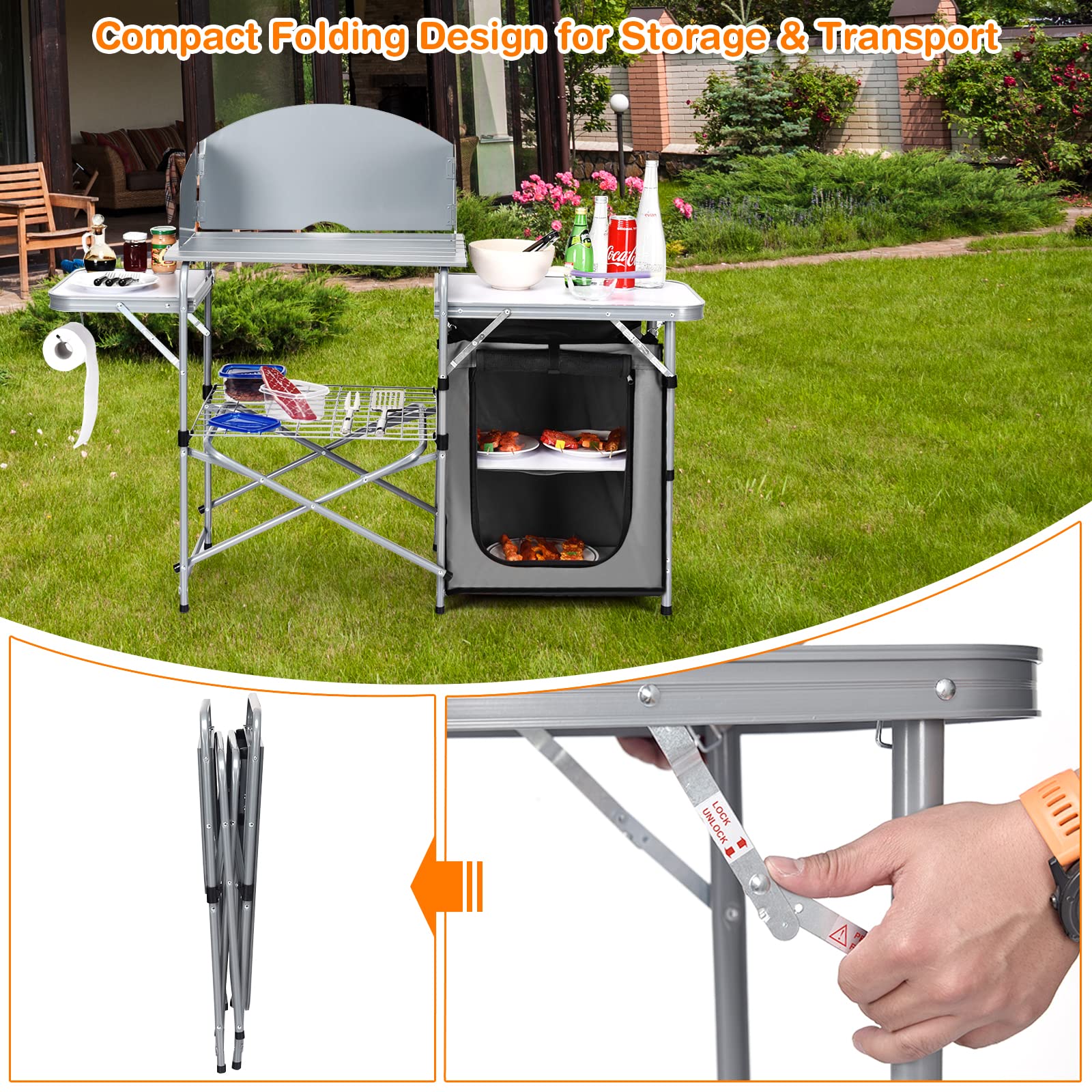 **Tangkula Folding Camping Kitchen Table - Aluminum Portable Grill Table with Windscreen & Storage Shelves | Outdoor Cook Station for Picnics, BBQ & Camping | Quick Setup & Carry Bag Included**