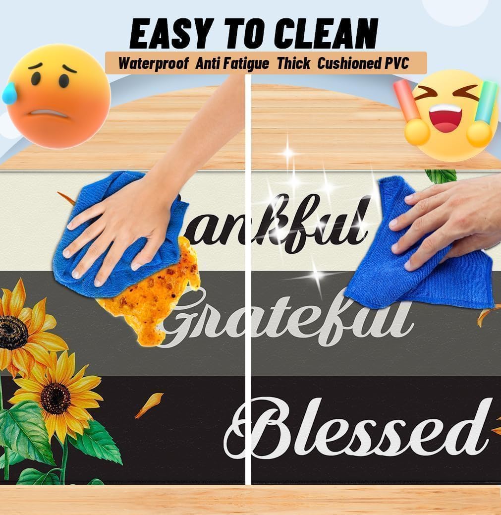 Sunflower Kitchen Rugs Set of 2 - Non-Slip Cushioned Anti-Fatigue Memory Foam Mats for Home & Office - Waterproof Farmhouse Decor (17.3x28 + 17.3x47 Inch) - Perfect for Sink, Stove & High-Traffic Areas