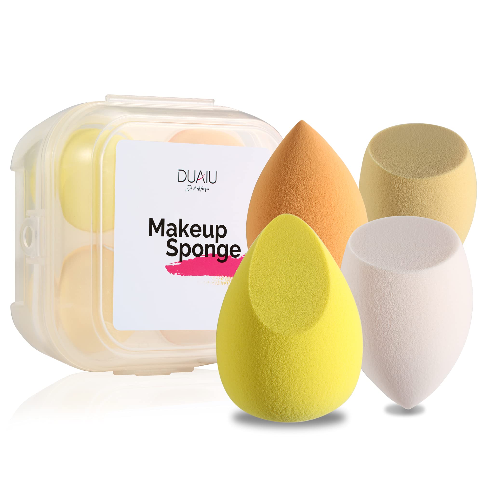 DUAIU 4 Pack Makeup Sponges - Latex Free Beauty Blender Set with Egg Case for Foundation & Concealer Application (Lemon Yellow) | Perfect for Professional Makeup, Travel & Everyday Use